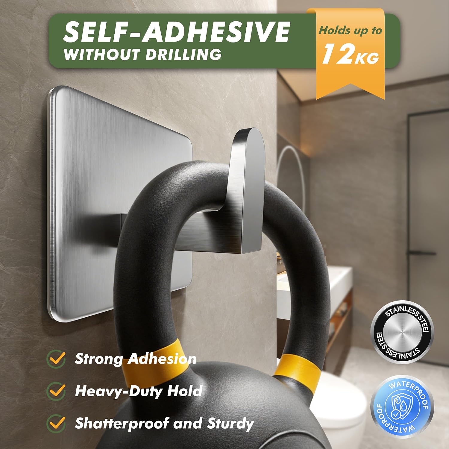 Detalle 2 de Auxmir 6 Pack Self-Adhesive Hooks: Heavy-Duty Stainless Steel with 12kg Load