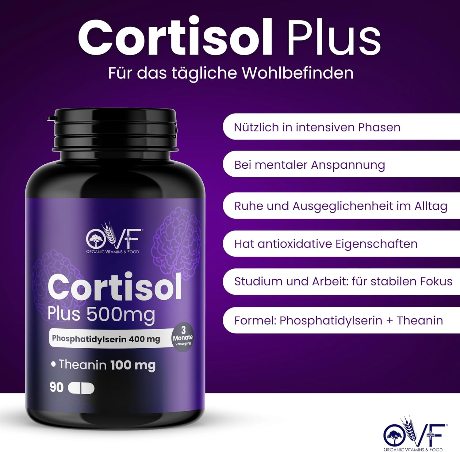 Detalle de OVF Cortisol Plus 500 mg – Phosphatidylserin 400 mg + L-Theanin 100 mg | 90 Kapseln