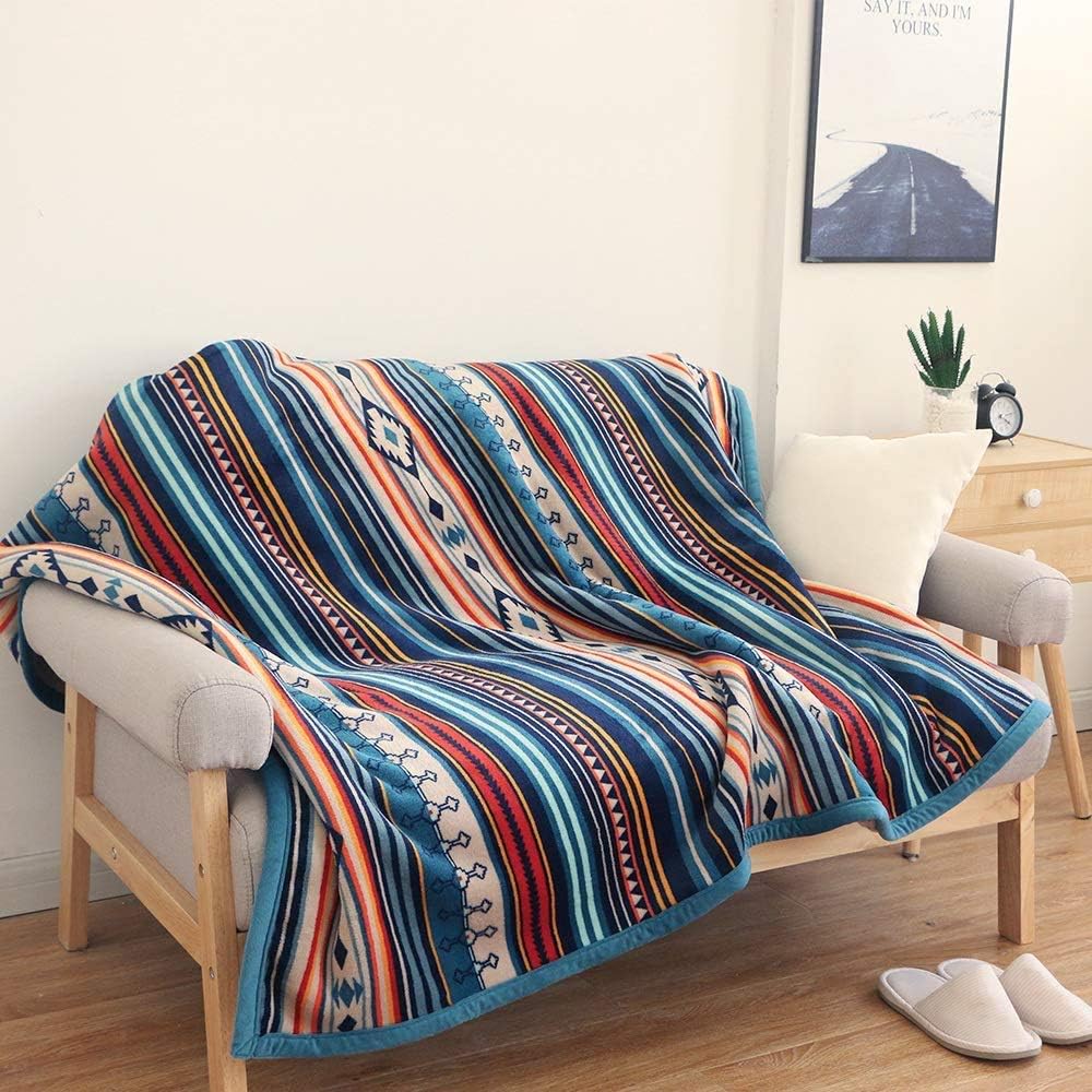 Thumbnail 6 de Qucover Flannel Fleece Throw Blanket in Bohemian Blue Stripe (Reversible Sherpa) – 150x200cm