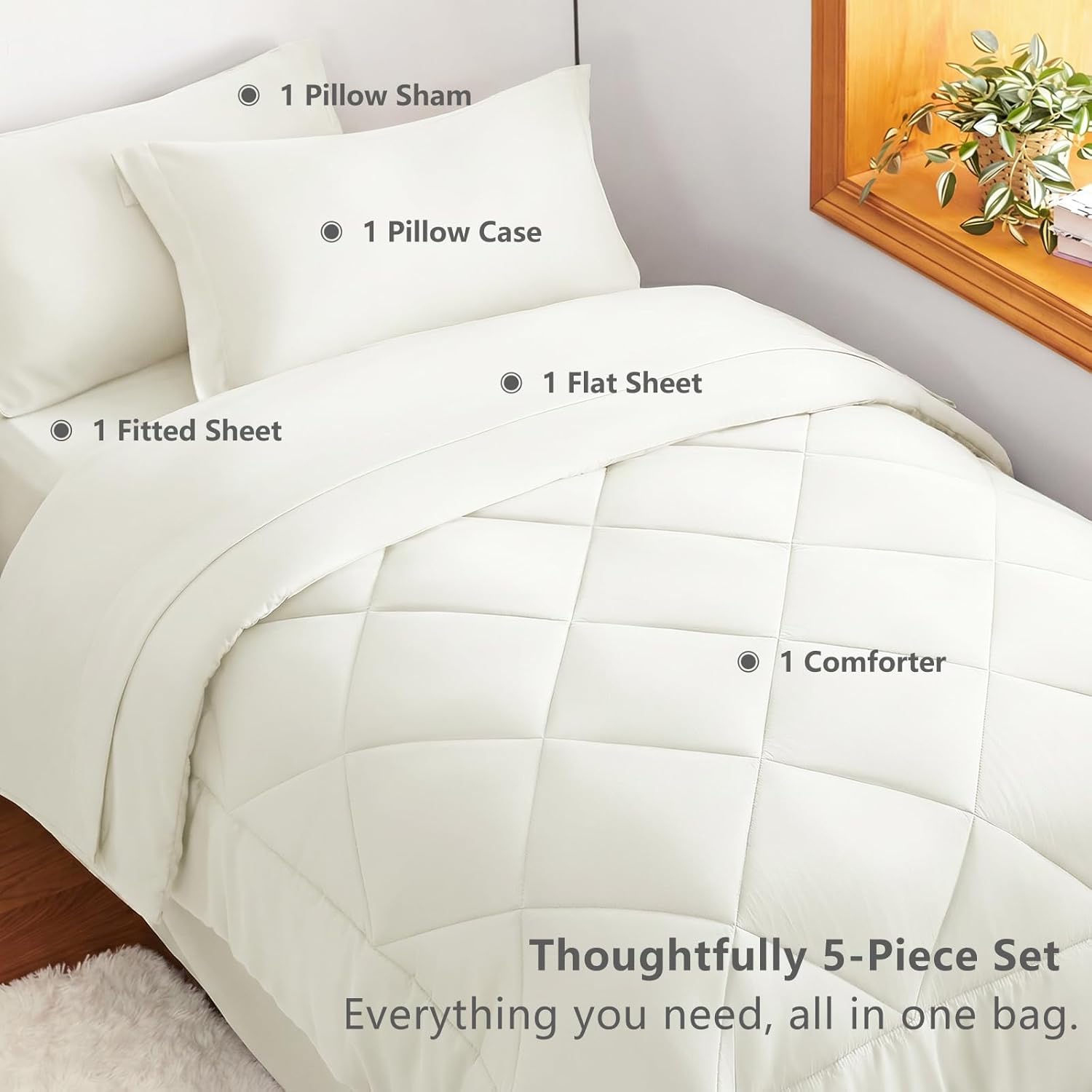 Thumbnail 5 de CozyLux Twin XL 5-Piece Comforter Set in Ivory for Dorm Rooms