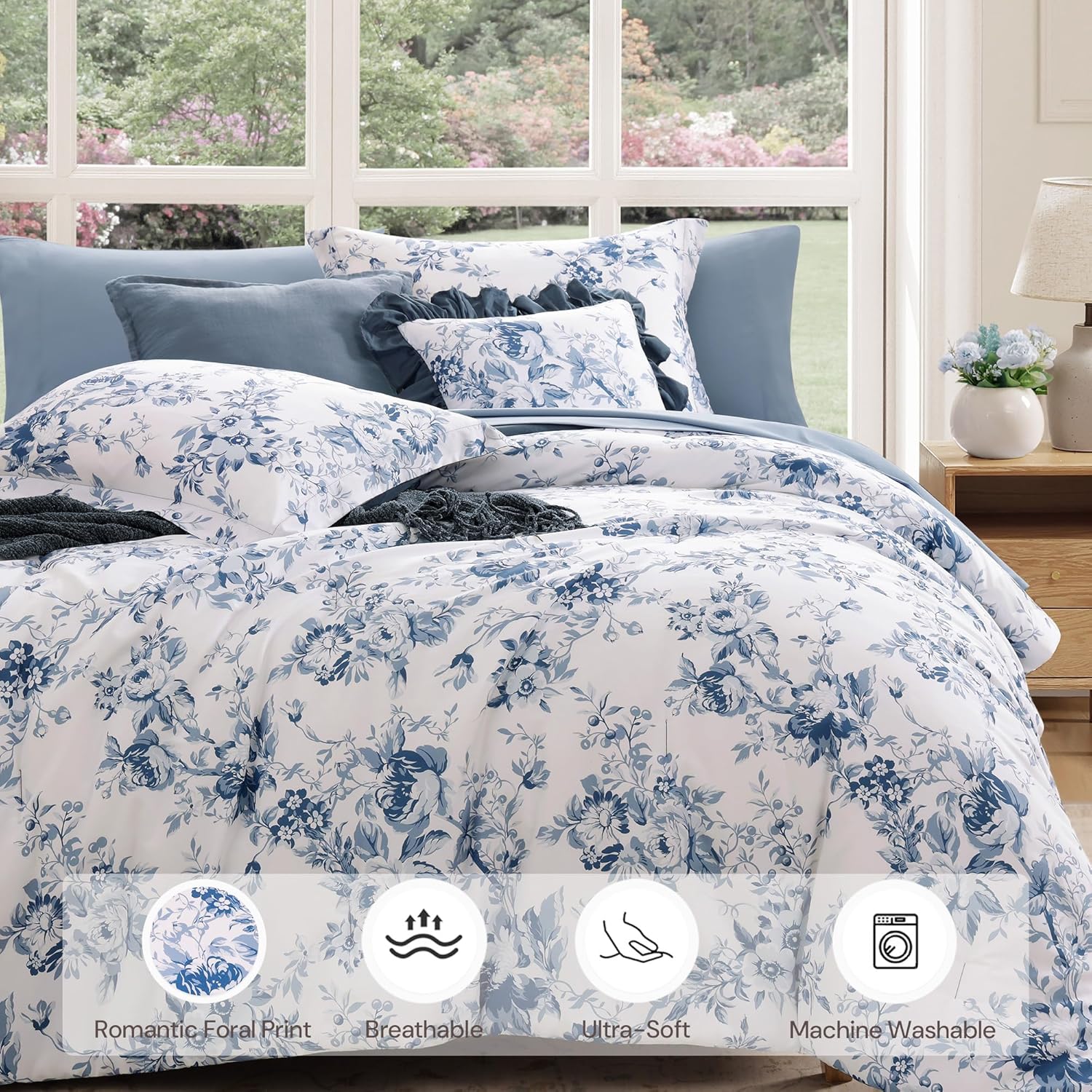 Thumbnail 4 de BLOOMHAVEN Oversized Queen Comforter Set – 7 Pieces Floral Rain Washed Bedding for All Seasons