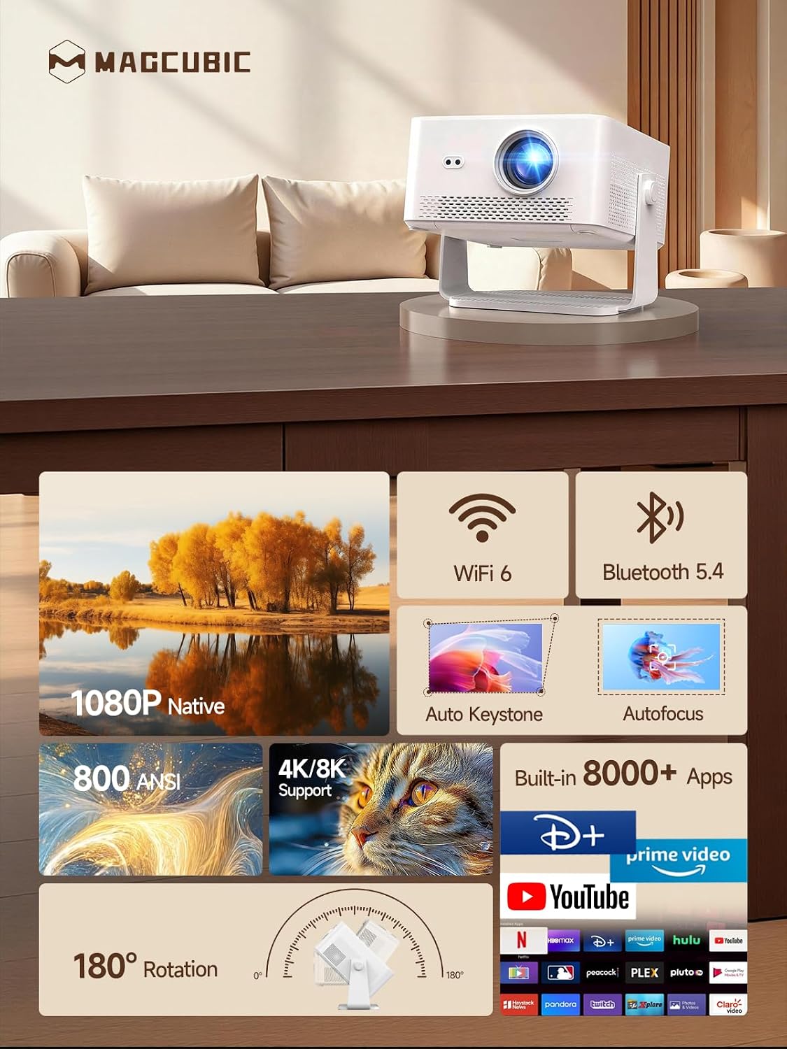 Thumbnail 1 de Magcubic HY450Max Mini Projector (Android 14, 800ANSI) – 1080p Native, 4K/8K Support, WiFi 6, Bluetooth 5.4, Auto Focus & 180° Rotation