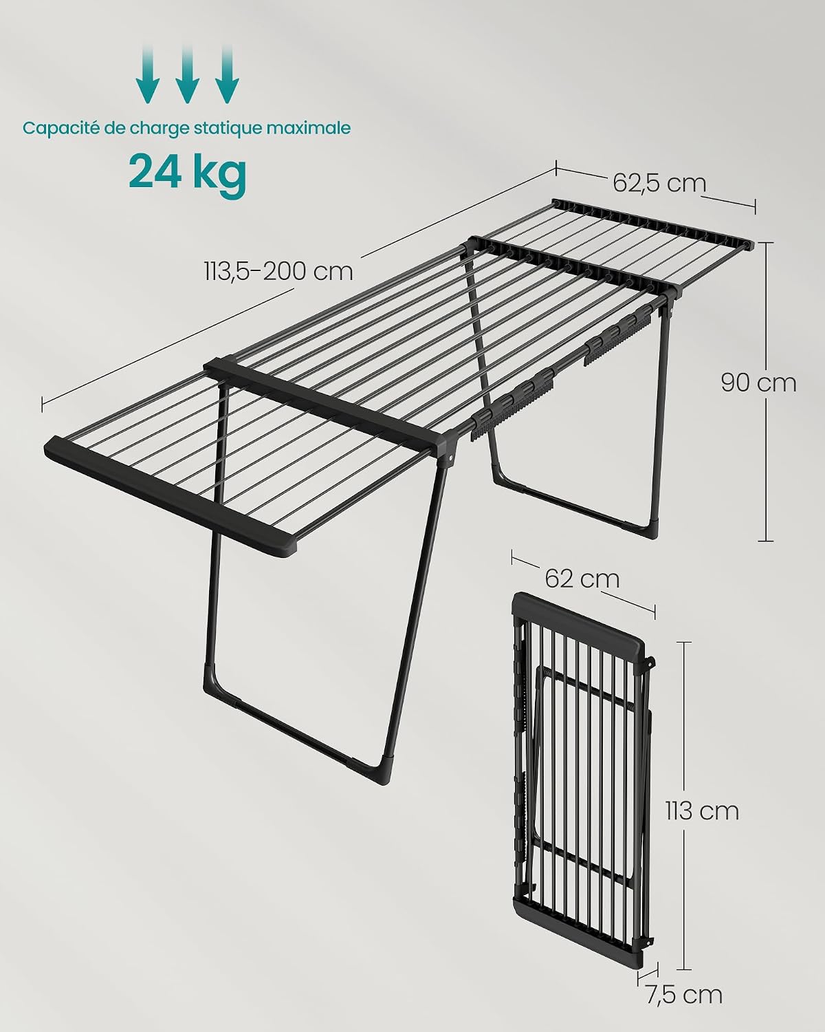 Detalle 2 de SONGMICS Étendoir à Linge sur Pied avec Ailes Extensibles – 22 m, Porte-Chaussettes, Noir LLR522BH01