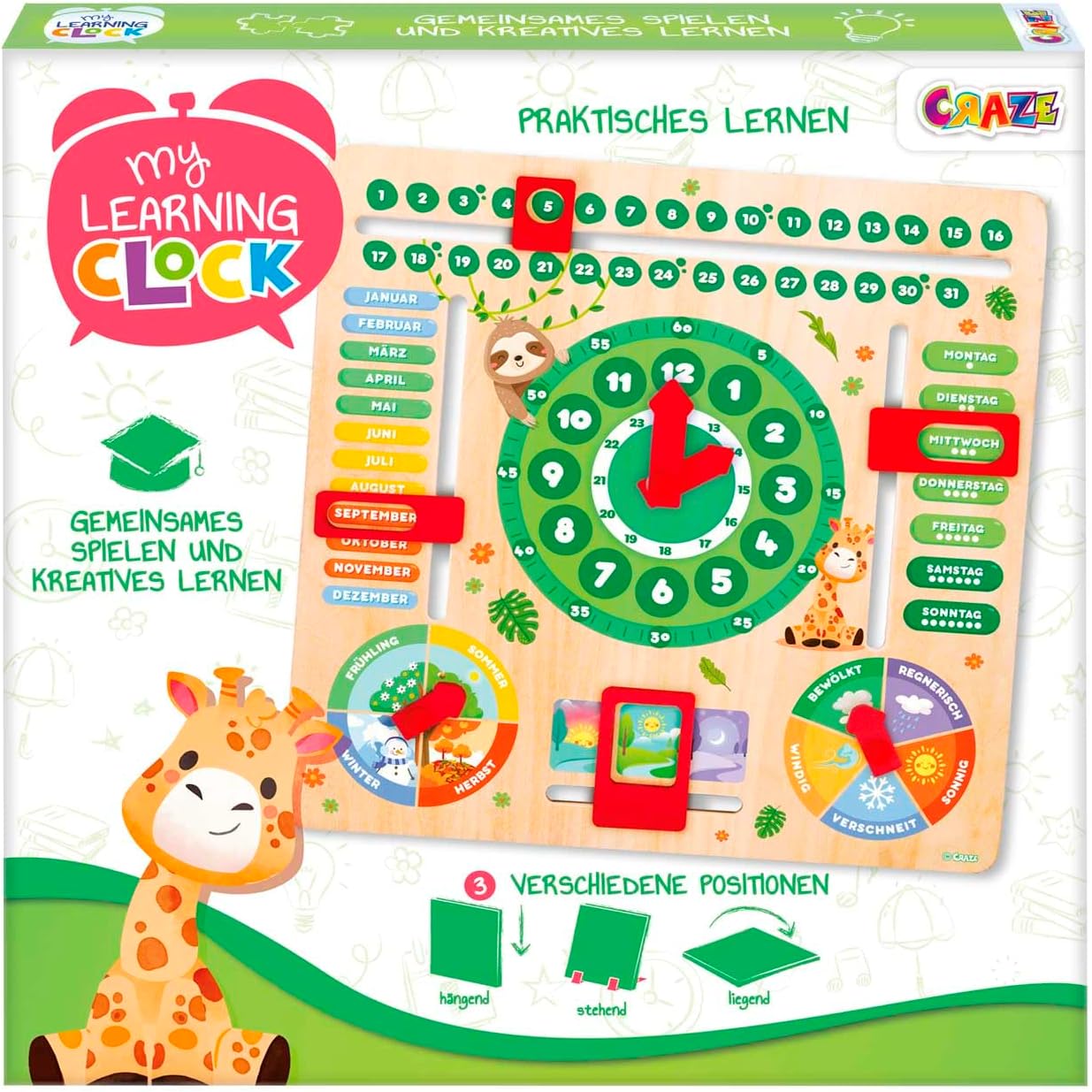 Detalle de CRAZE My Learning Clock Animals – Lernuhr aus Holz, grün, Lernhilfe für Kinder inkl. abnehmbarem Ständer