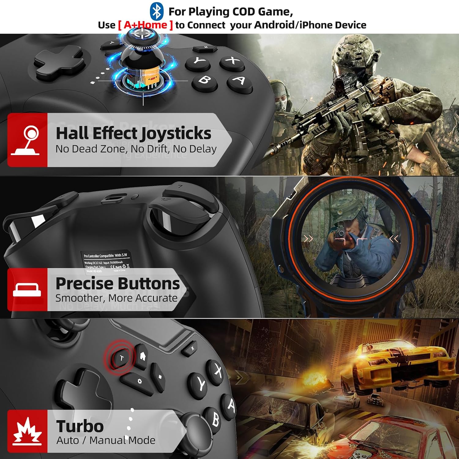 Detalle de Hall Effect Bluetooth Controller for Switch/PC/iPhone/Android/TV/Steam — Pro Wireless Game Controller with Hall Joysticks and Turbo