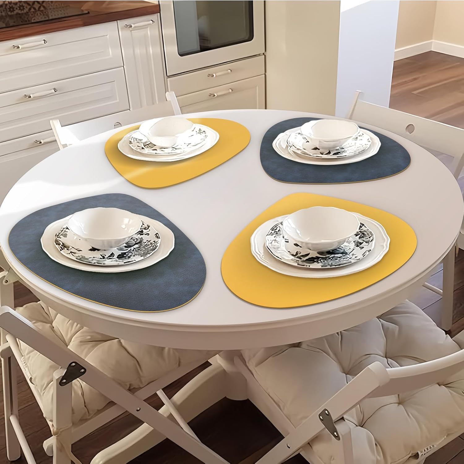 Thumbnail 6 de Tischsets Abwaschbar und Untersetzer aus PU-Leder - Doppelseitig nutzbar, rund, Blau/Gelb, 4er Set