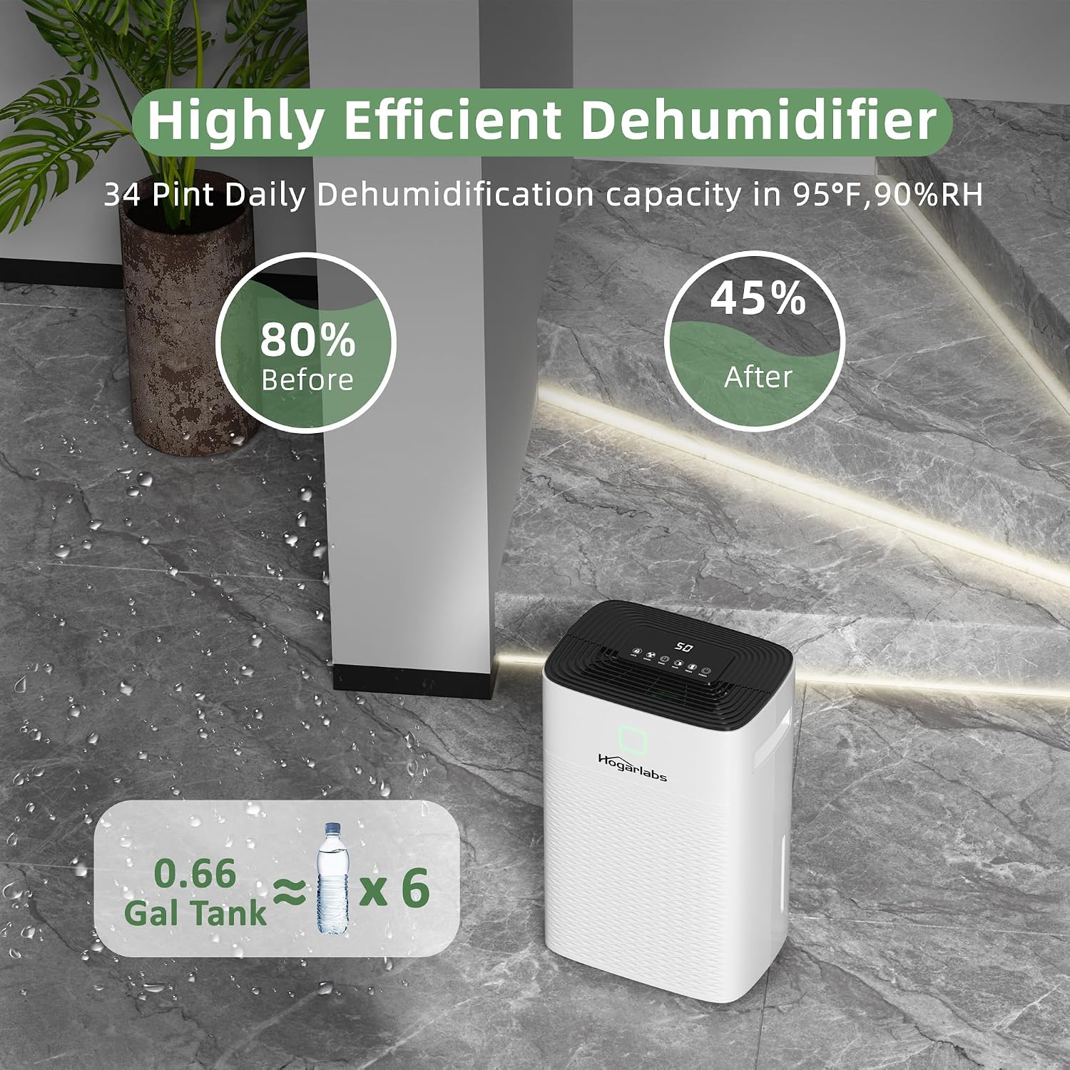 Detalle de HOGARLABS PD08GS 34-Pint Dehumidifier with 3 Modes and Drain Hose