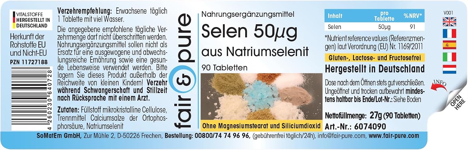 Detalle de Fair & Pure Selen 50µg aus Natriumselenit – 90 Tabletten, vegan, schluckfreundlich, hergestellt in Deutschland