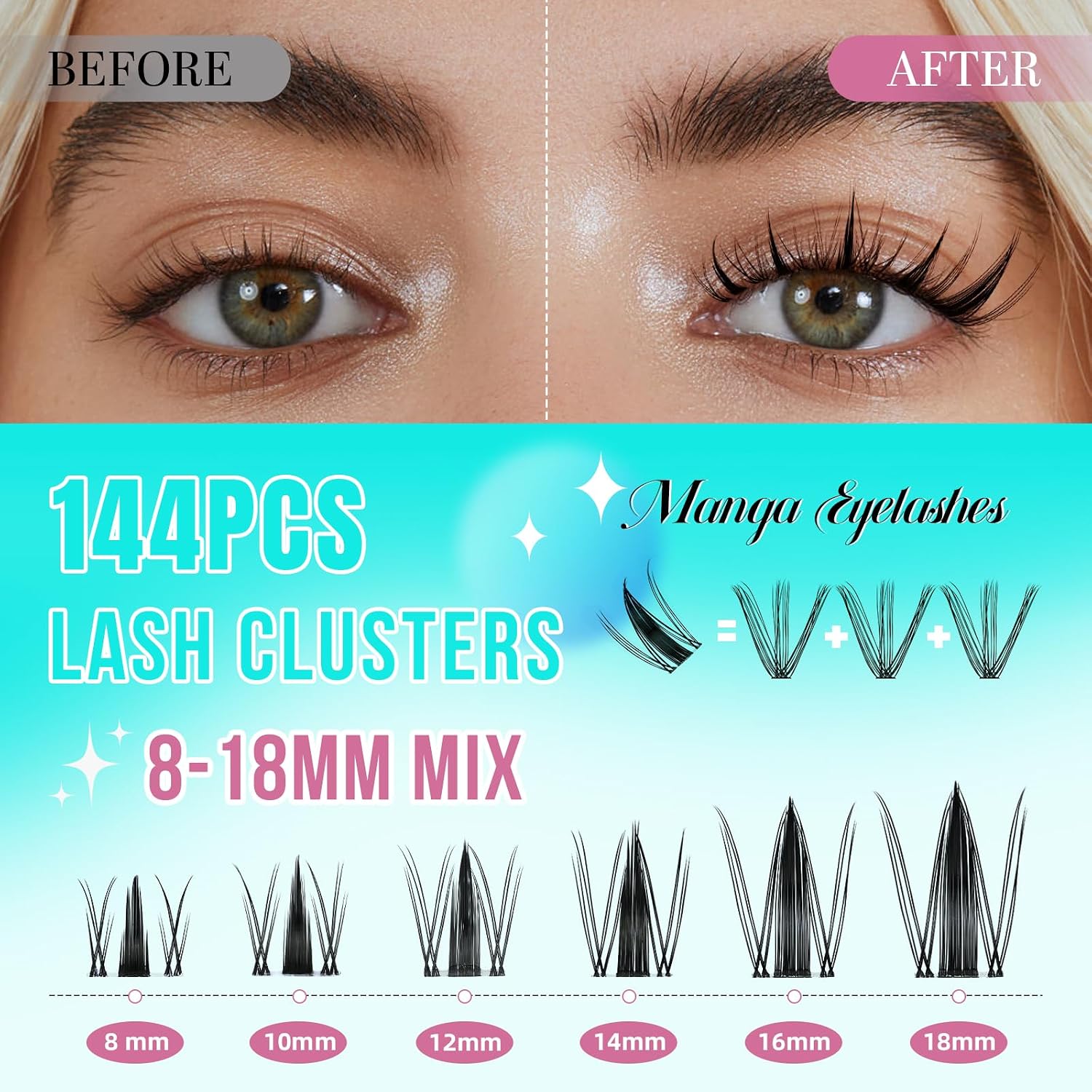 Detalle de Manga Lash Clusters Kit (144PCS) with Invisible Lash Band, Bond & Seal, Remover, and Applicators (8–16mm)