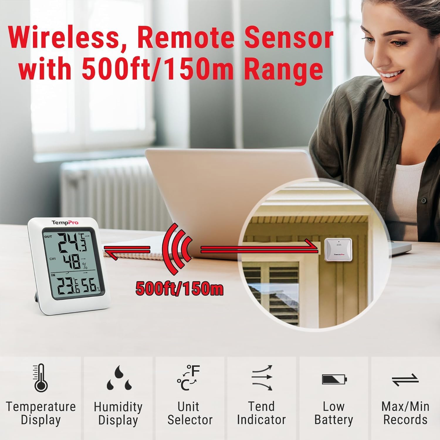 Detalle de ThermoPro TP60C Funk-Temp/Hygro–Monitor mit Außen Sensor – zuverlässige Innen- und Außenmessung