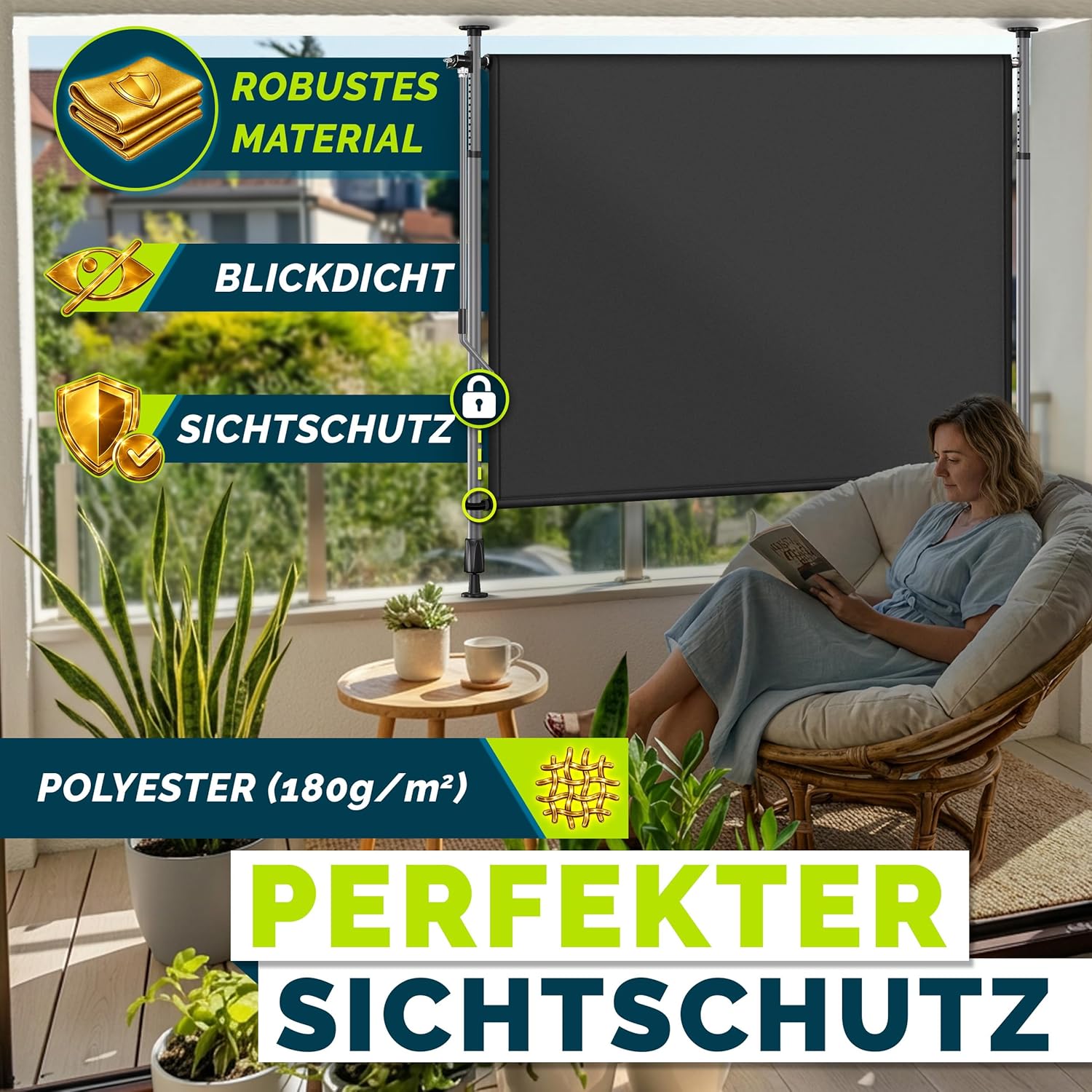 Thumbnail 2 de tillvex® Klemmmarkise Senkrechtmarkise mit Handkurbel (ohne Bohren) – anthrazit, 150 x 310 cm