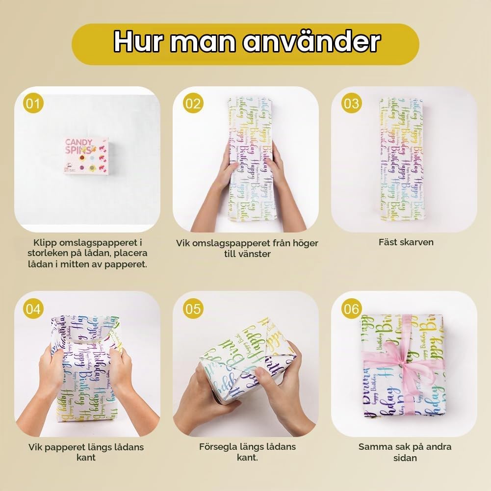 Detalle de OFFCUP presentpapper med djurmotiv, 6 ark à 50 × 70 cm och 2 bandbuntar