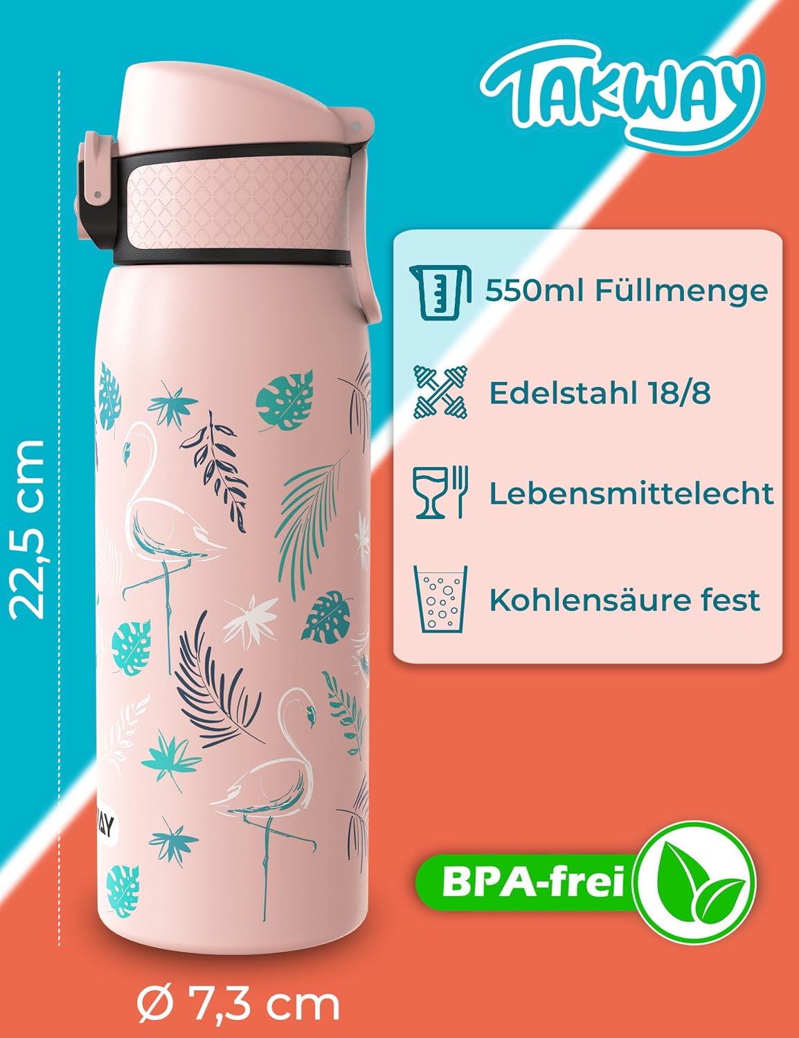 Detalle 2 de TAKWAY Edelstahl Trinkflasche Kinder 550ml Flamingo – auslaufsicher, isoliert und kohlensäuregeeignet