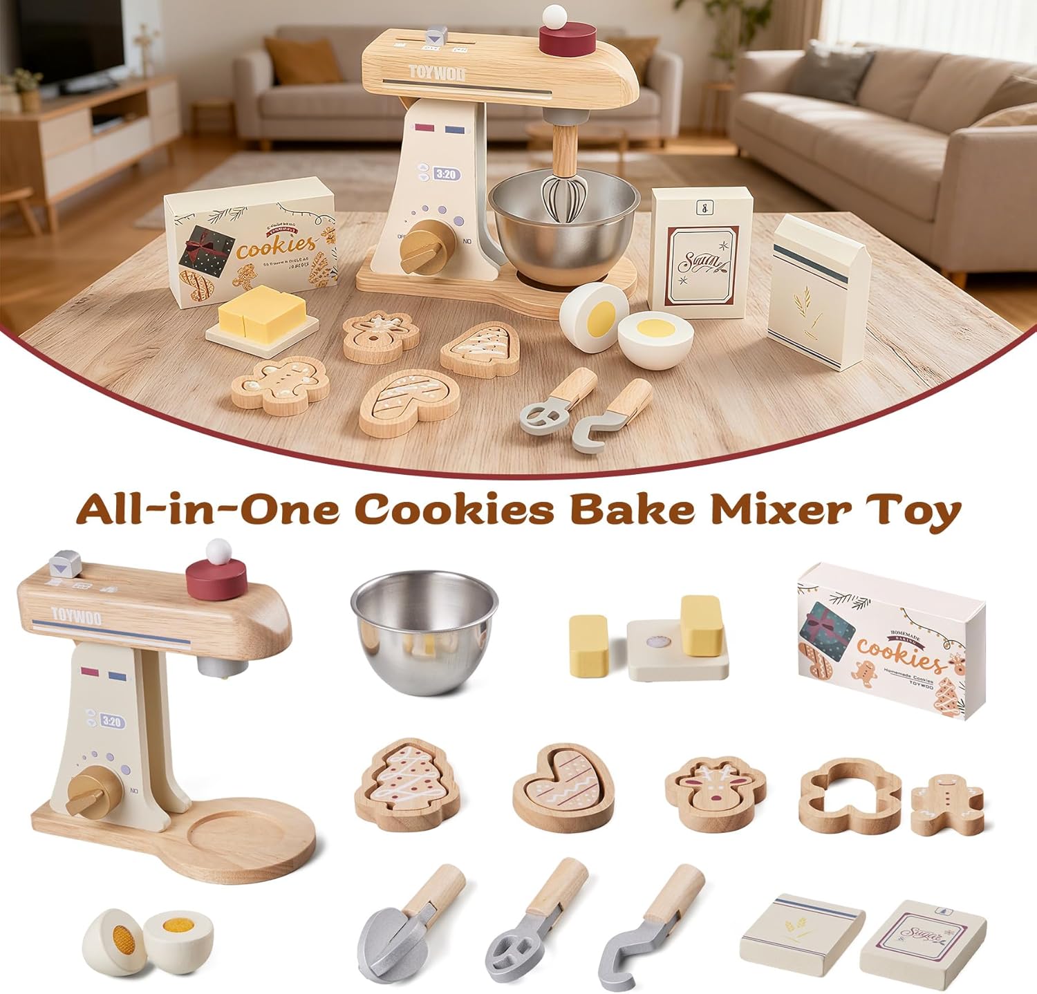 Thumbnail 4 de Toywoo Holzspielmixer für Kinder – Lern-Kochset-Zubehör mit Rührbesen, Rührstäben & Teigwender ab 3 Jahren