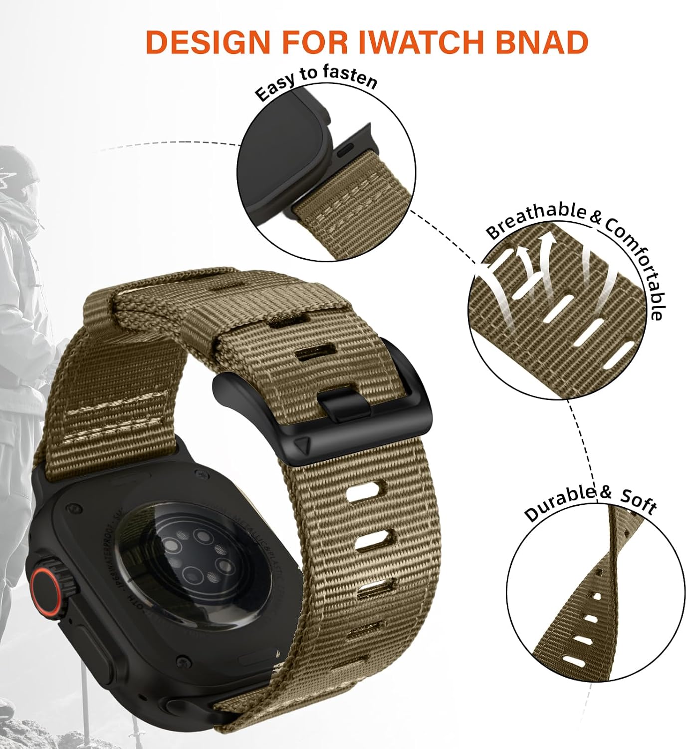 Detalle 2 de Nylon Watch Band for Apple Watch Ultra 3/2/1 (49mm/46mm/45mm/44mm/42mm) — Breathable Adjustable Loop Strap