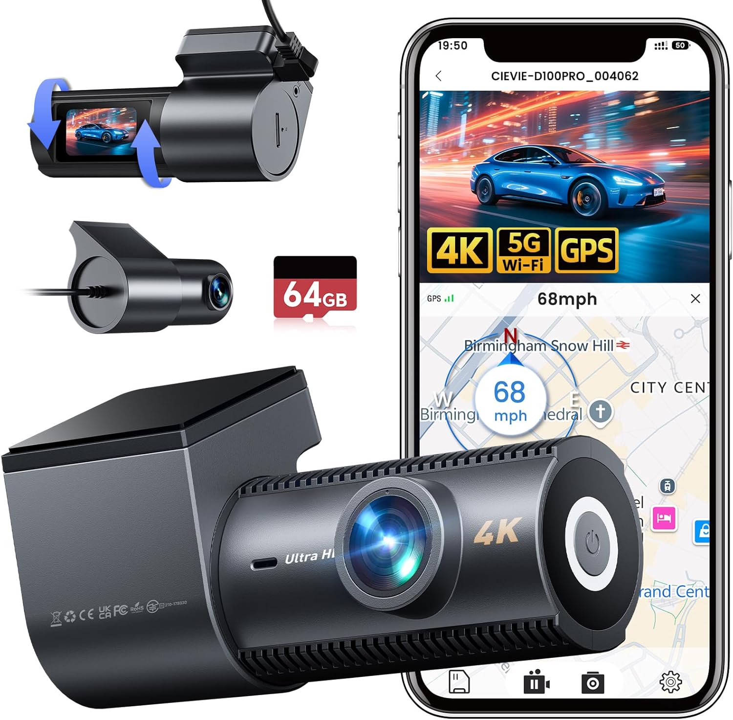 Detalle de CIEVIE 4K Dash Cam Front and Rear with GPS, 5GHz WiFi, 64GB SD Card and 1.5" IPS Screen