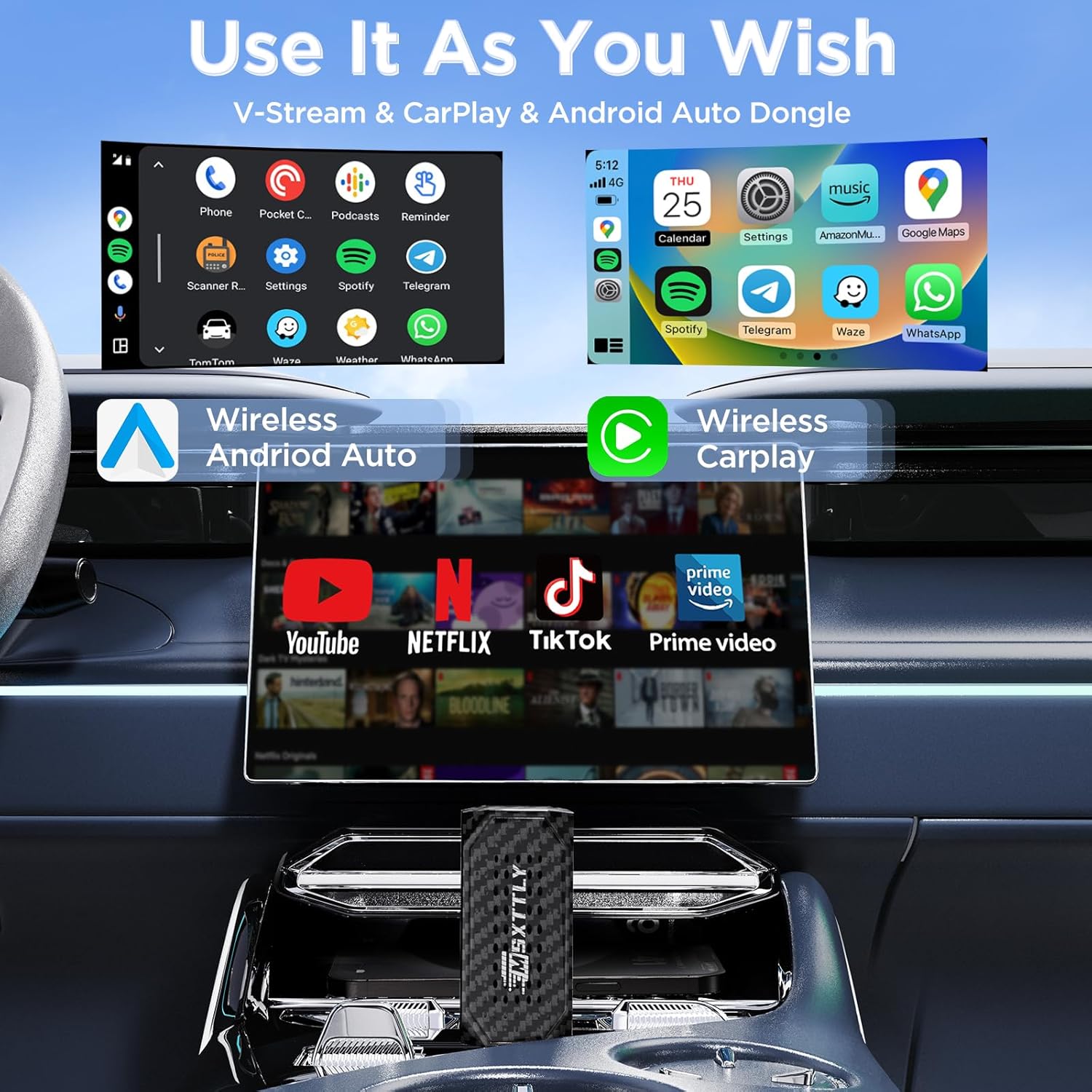 Detalle de MSXTTLY Sans Fil CarPlay & Android Auto Adaptateur 3-en-1 2026 — V-Stream compatible Netflix/Youtube