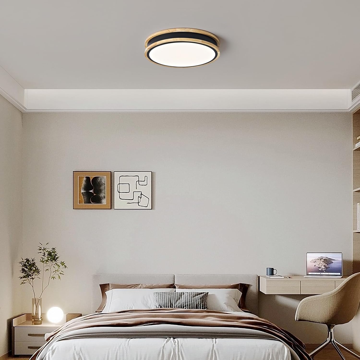 Detalle de Vikaey Plafonnier LED en bois noir 30 cm – 24 W, lumière 4000 K