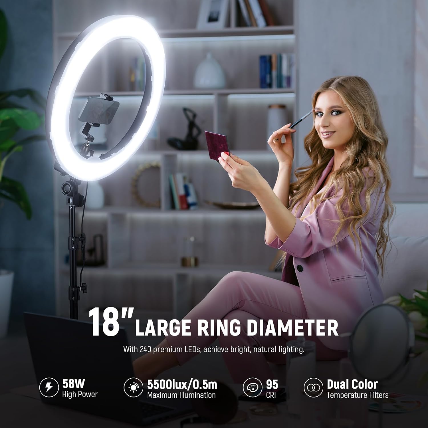 Thumbnail 1 de NEEWER RL-18 18 inch / 45cm LED ring light with tripod stand and phone holder (58W, 5600K, CRI 95)