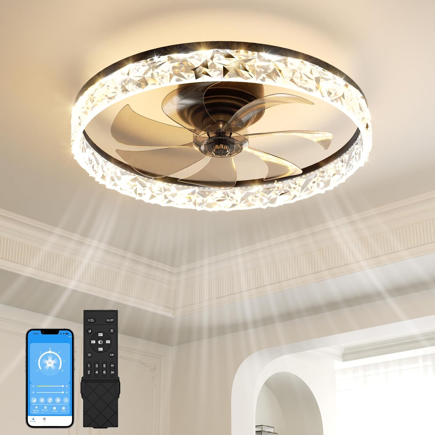 Detalle de VOLISUN 8225-3K 20-inch Black Flush-Mount Ceiling Fan with Dimmable LED Light