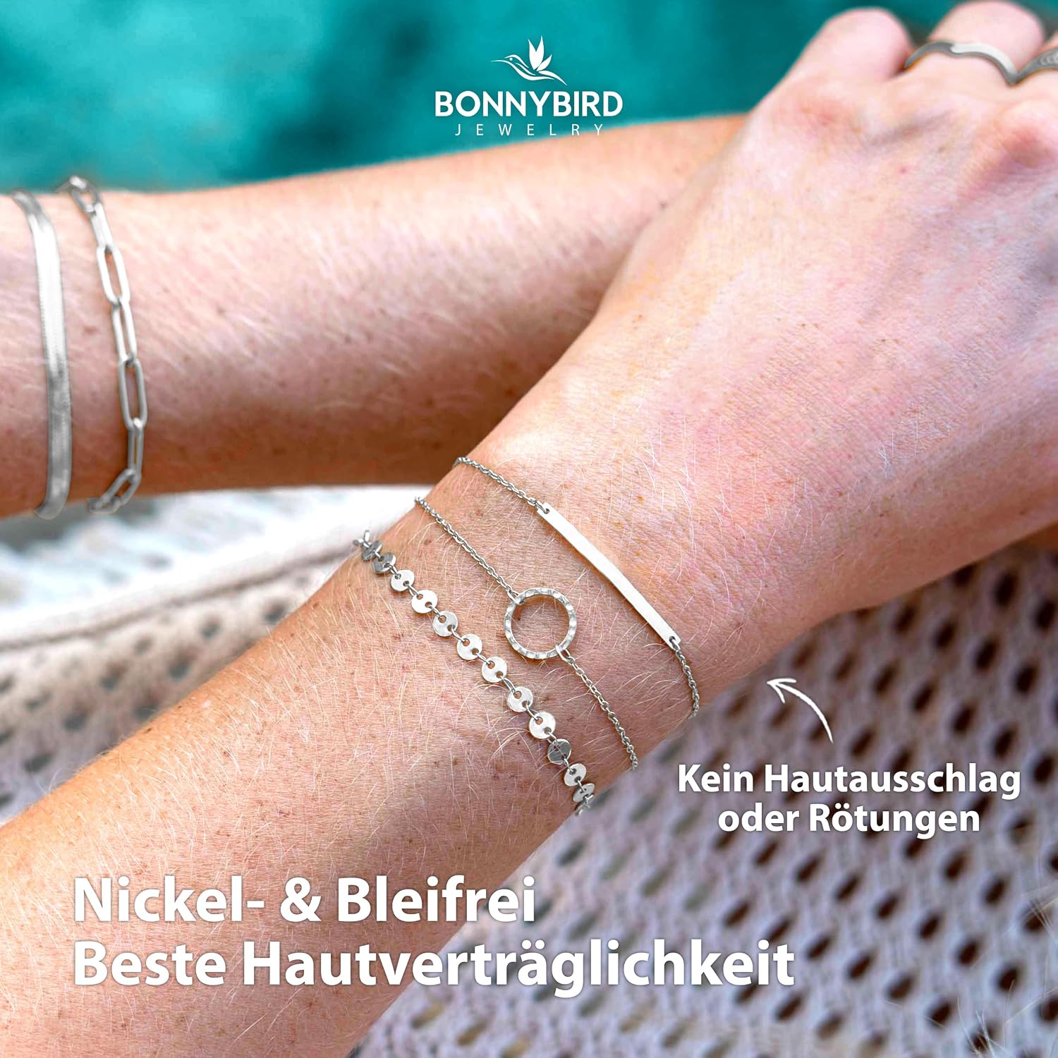 Detalle 2 de BONNYBIRD BonnyMilano Premium Edelstahl-Armbänder-Set für Damen (Silber, Gold & Roségold)