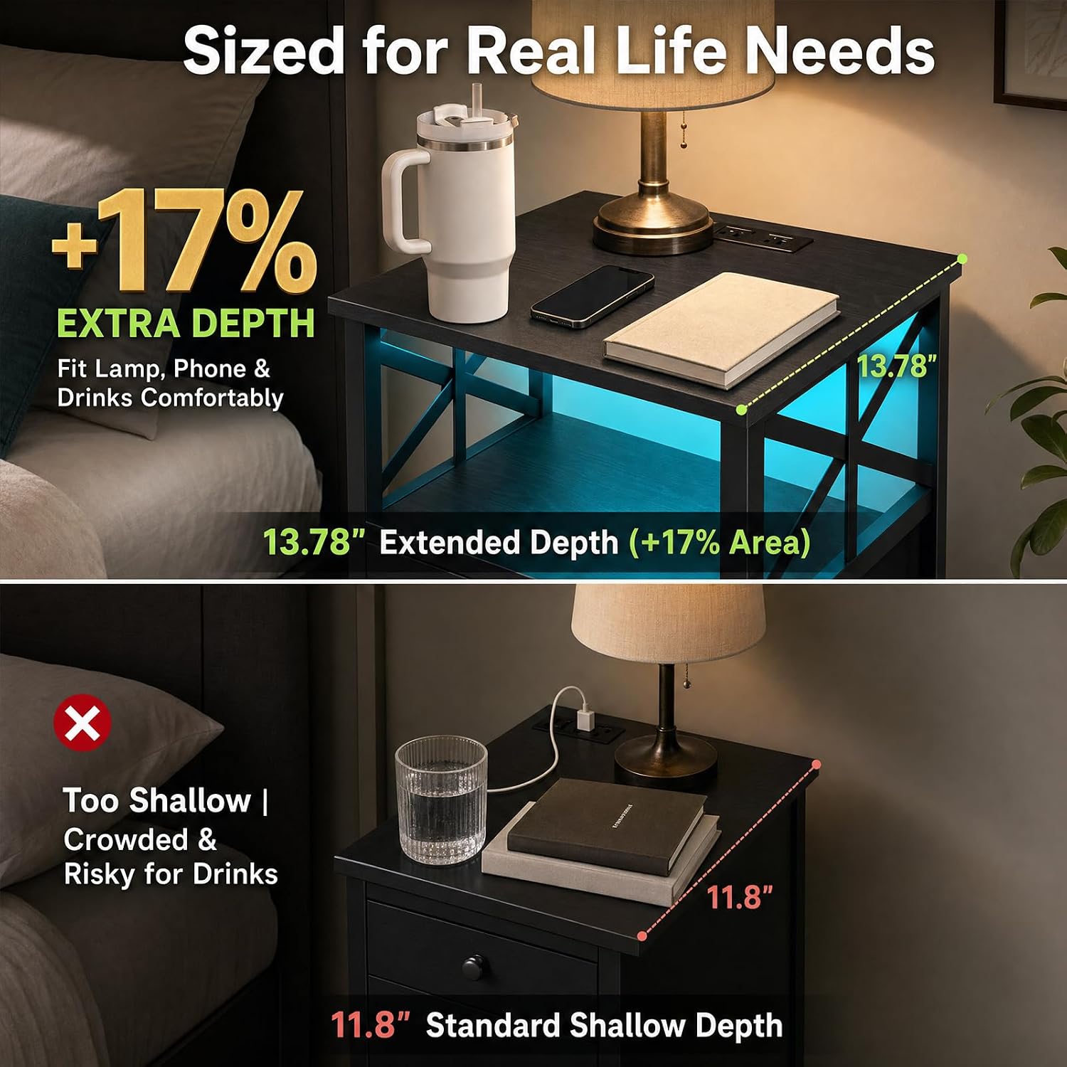 Thumbnail 6 de AMHANCIBLE HET052 LED Nightstand Set of 2 with Charging Station