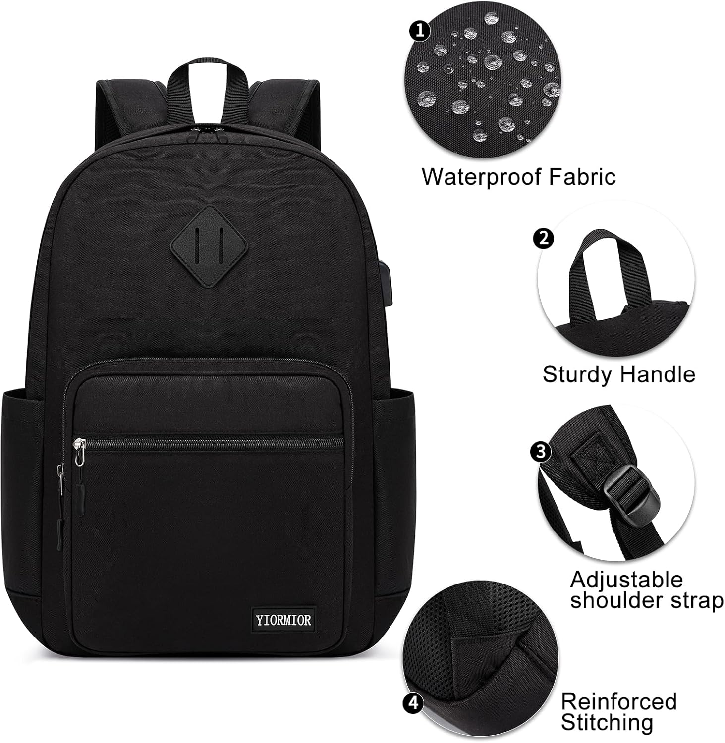 Detalle 2 de YIORMIOR Zaino scuola università con porta PC fino a 15,6” e USB integrata
