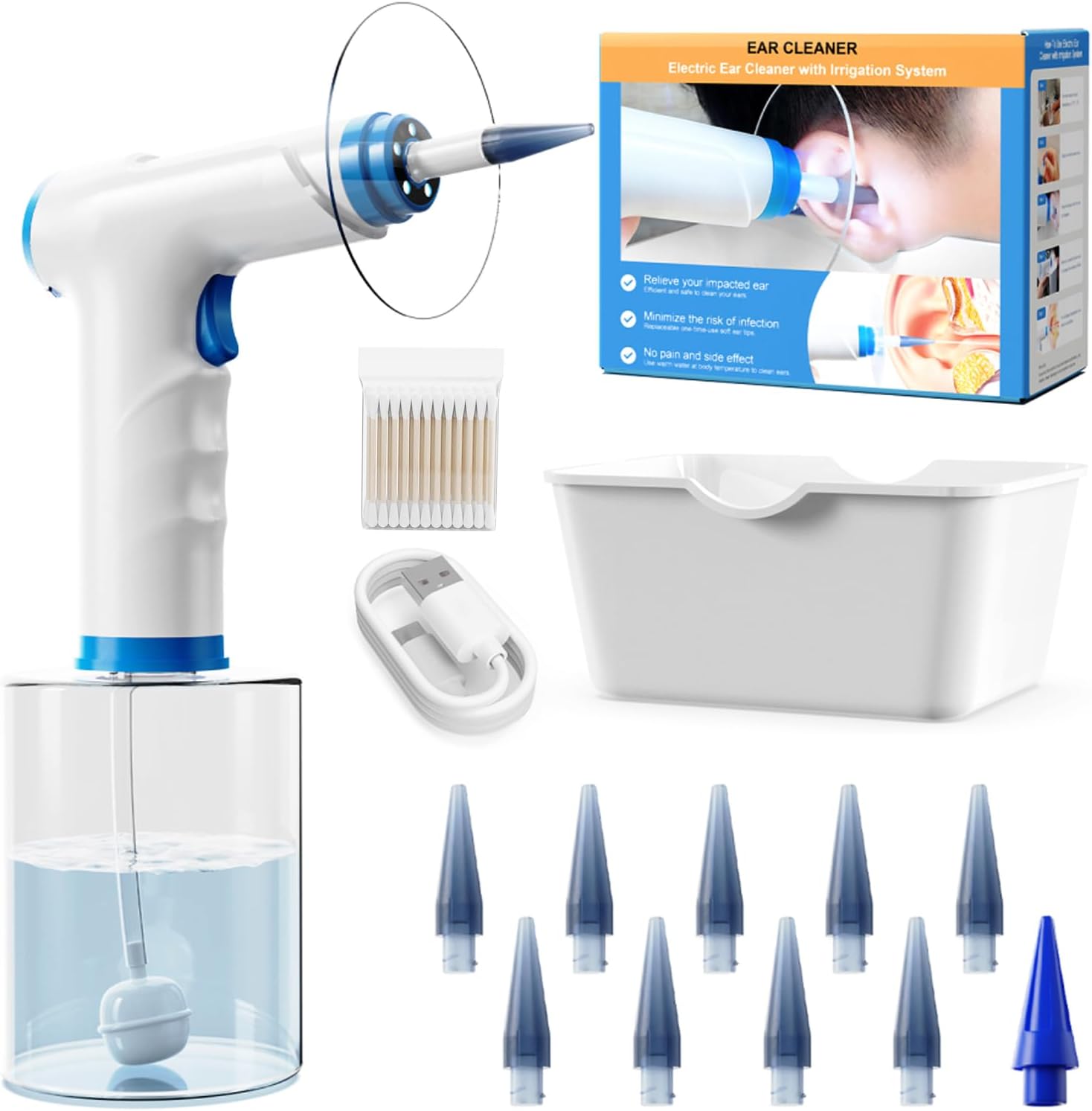 Detalle de KAUGIC Electric Ear Wax Removal — Water Powered Ear Cleaner with 4 Modes, 10 Tips and 500ml Basin
