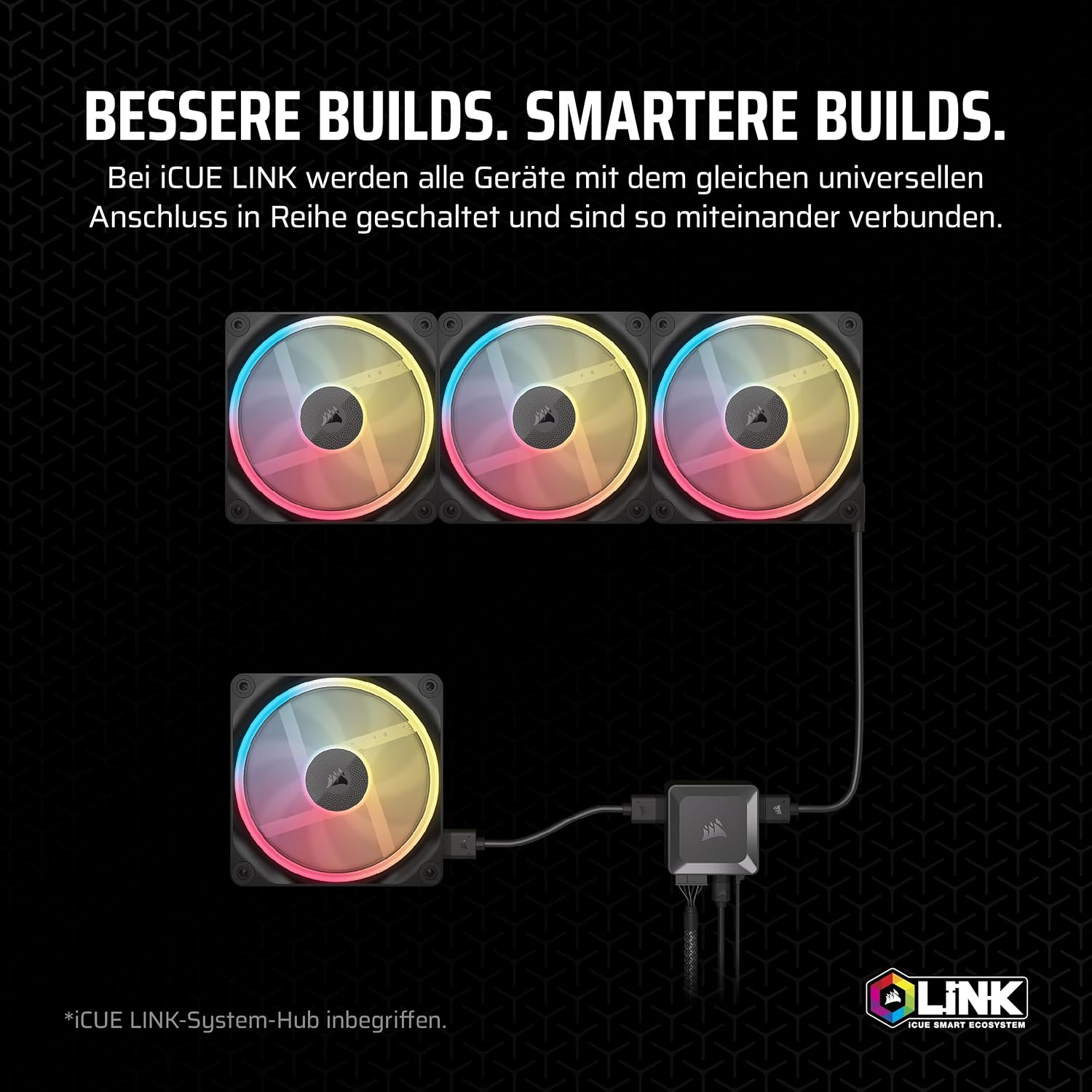 Detalle de CORSAIR iCUE LINK LX140-R RGB 140-mm PWM-Umkehrlüfter (doppelter Lüftersatz) – schwarz
