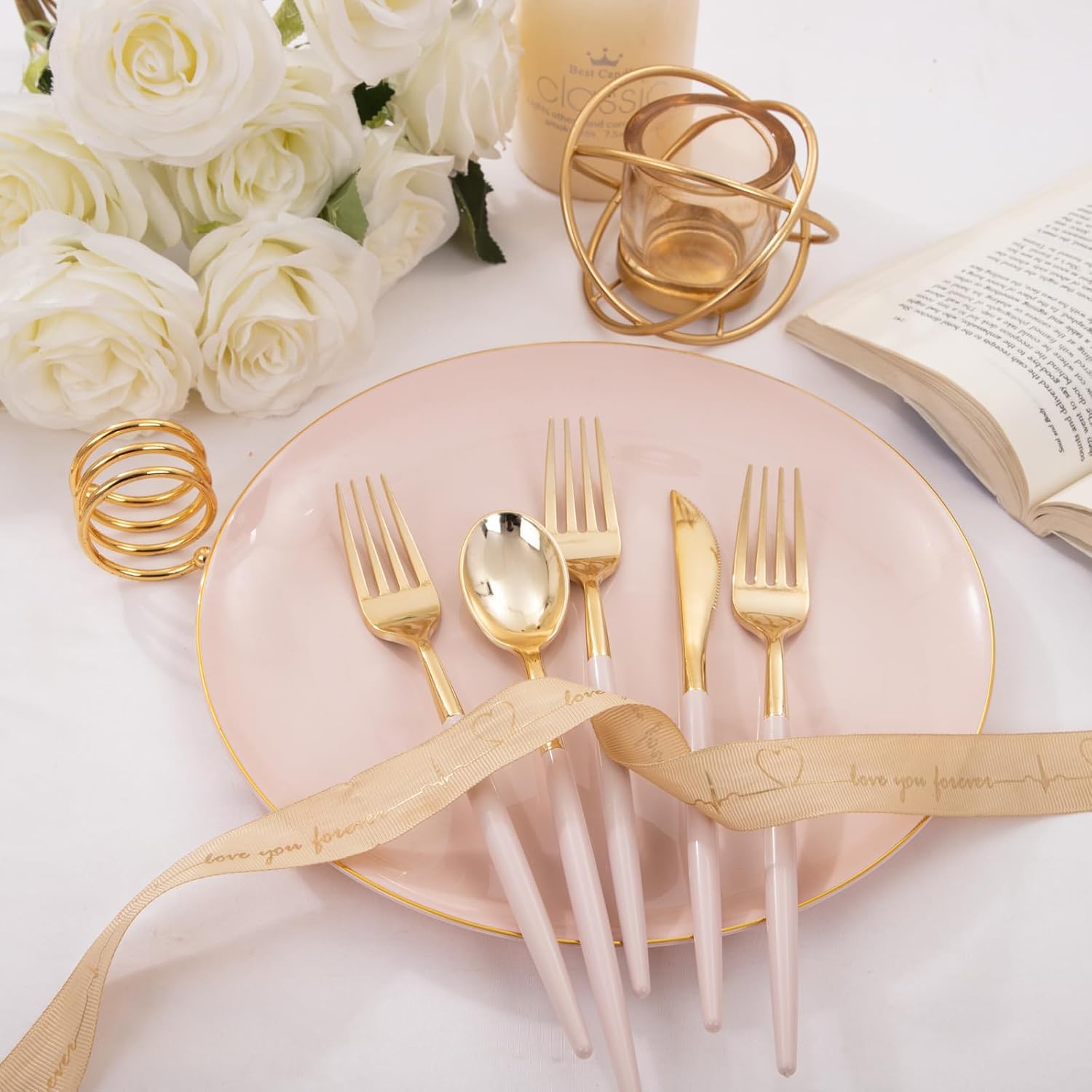 Thumbnail 1 de I00000 300 Pack Gold Silverware with Pink Handle – Pink Plastic Utensils Set (100 forks, 100 knives, 100 spoons)