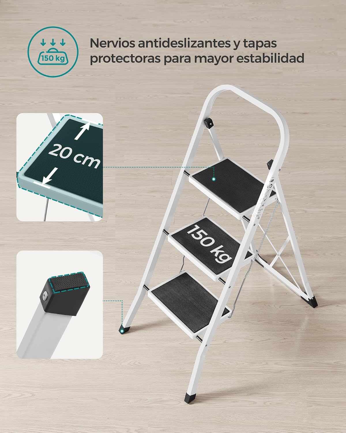 Detalle de SONGMICS GSL03WT: escalera de tijera plegable con 3 peldaños y bloqueo de seguridad