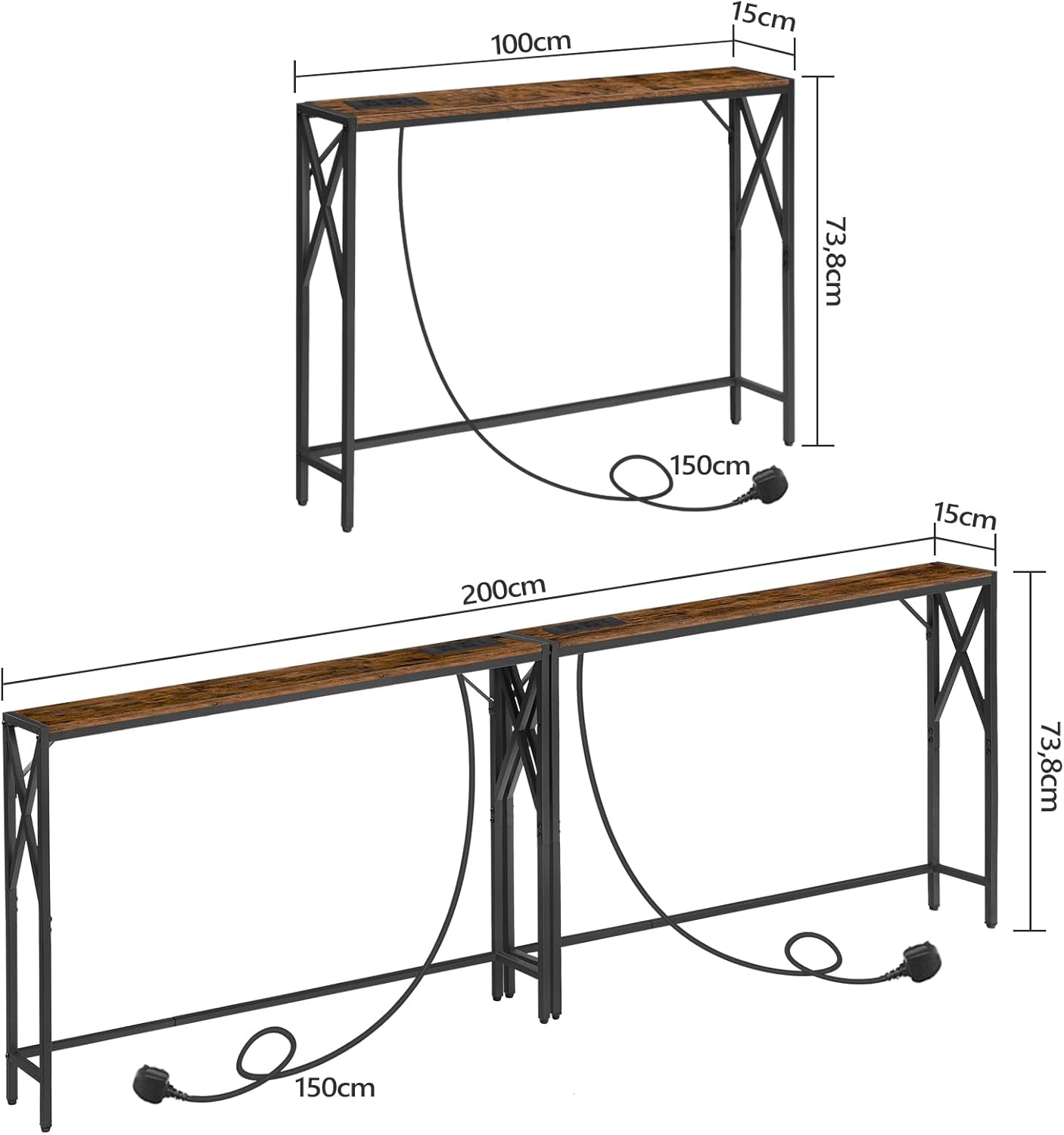 Thumbnail 2 de MAHANCRIS 2 Pack Console Table with Charging Station (100 cm narrow entryway table) in Rustic Brown