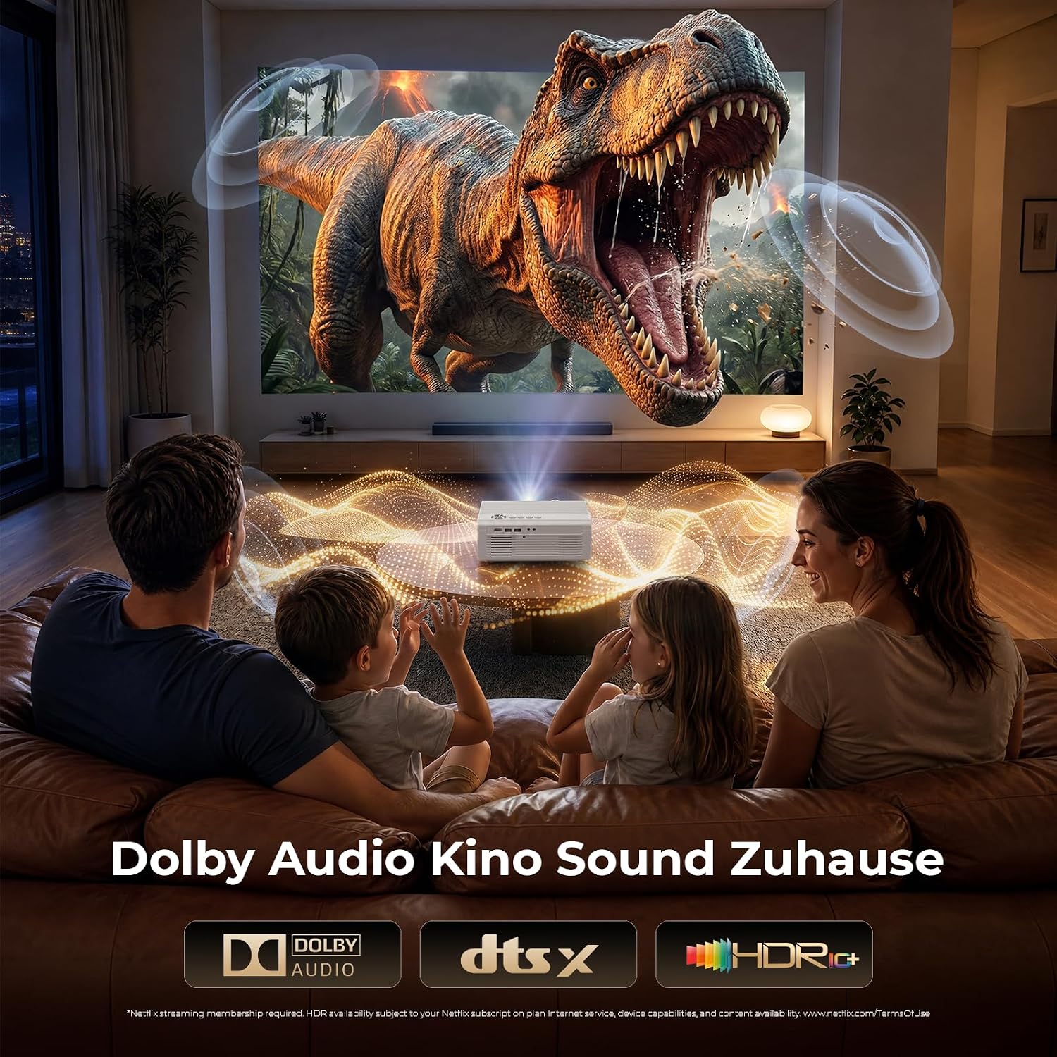 Detalle 2 de KOGATA GC357 4K Smart Beamer mit WLAN & Bluetooth – HDR10+ Auto-Fokus, 6D Keystone, Dolby Audio, Heimkino für Garten & Streaming