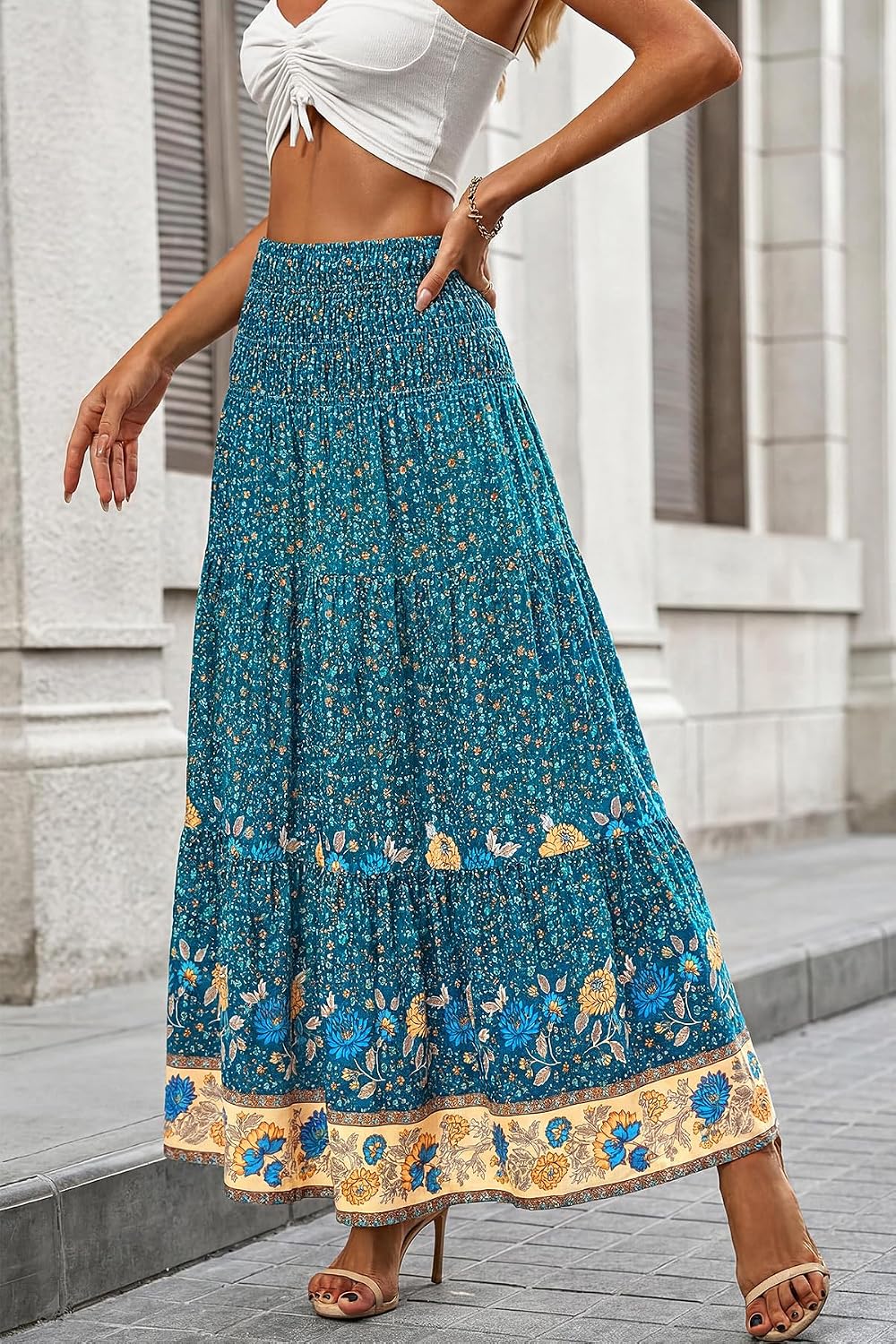 Detalle de CFLONGE Summer Maxi Skirts for Women 2026 – Floral High-Waist Boho A-Line Maxi