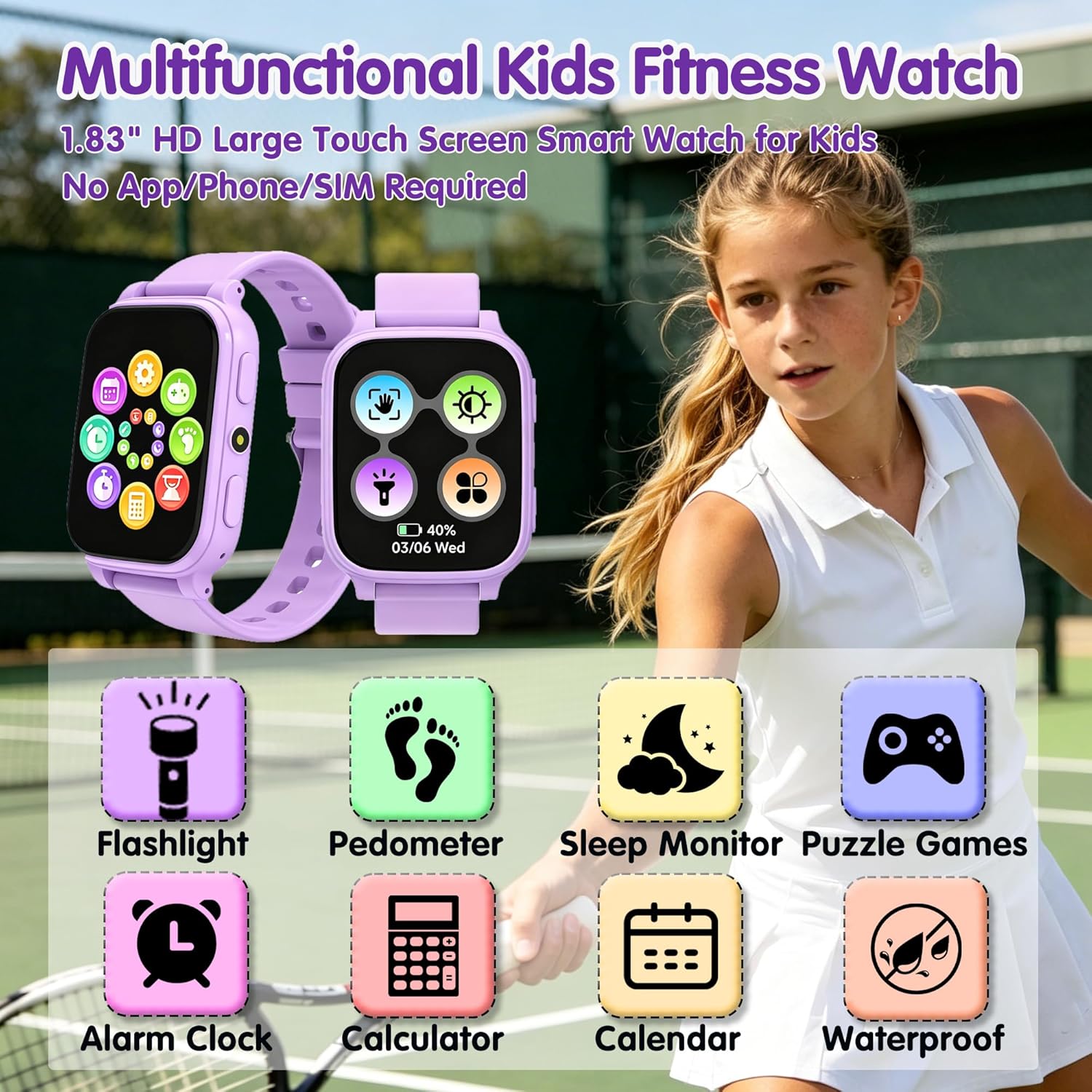 Thumbnail 1 de Tzzulsx Kids Smart Watch: Standalone Fitness Tracker with 1.83" HD Screen, IP68, 18 Games