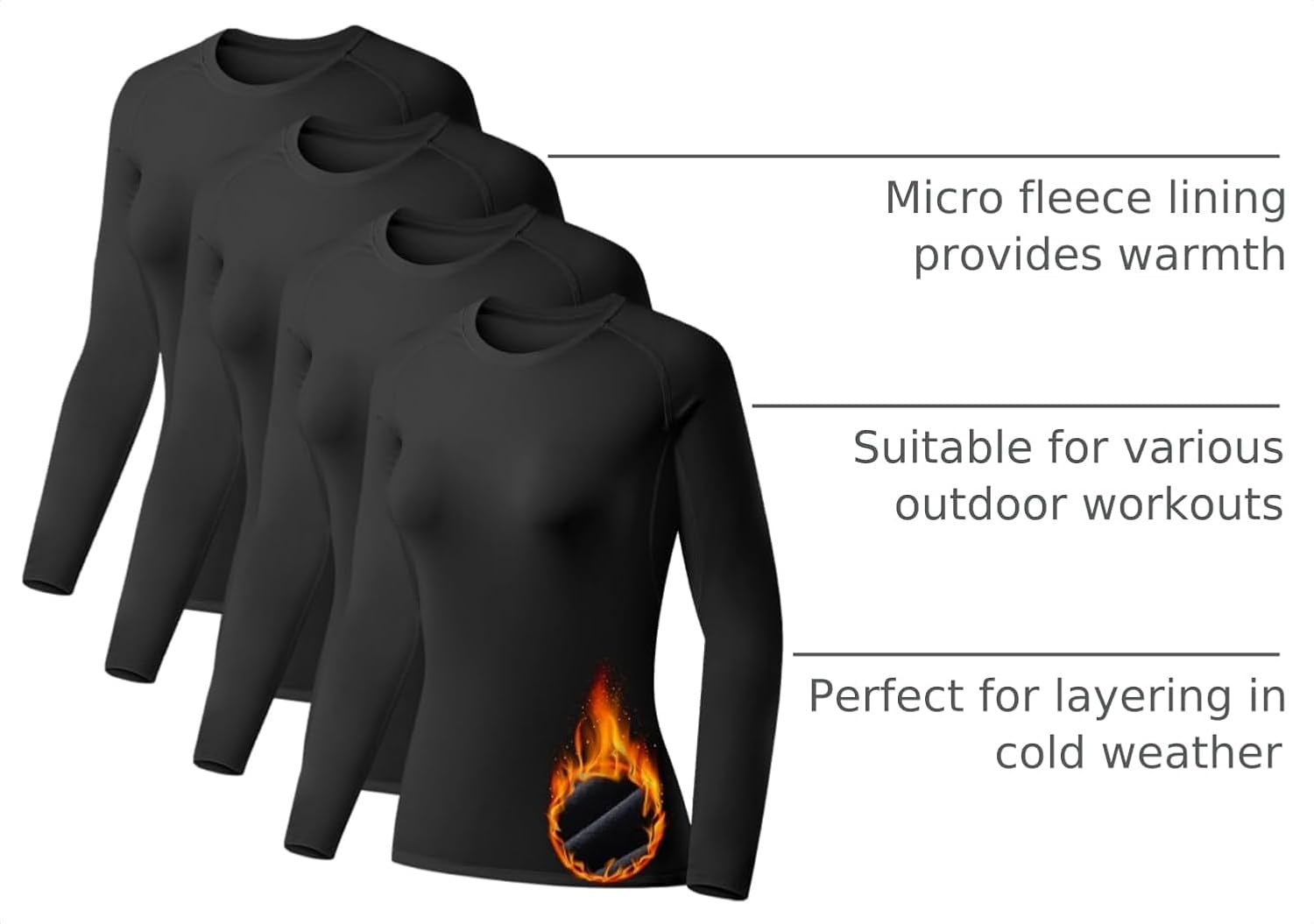Detalle 2 de TELALEO Women's Thermal Shirts 4-Pack, Fleece-Lined Long-Sleeve Compression Tops