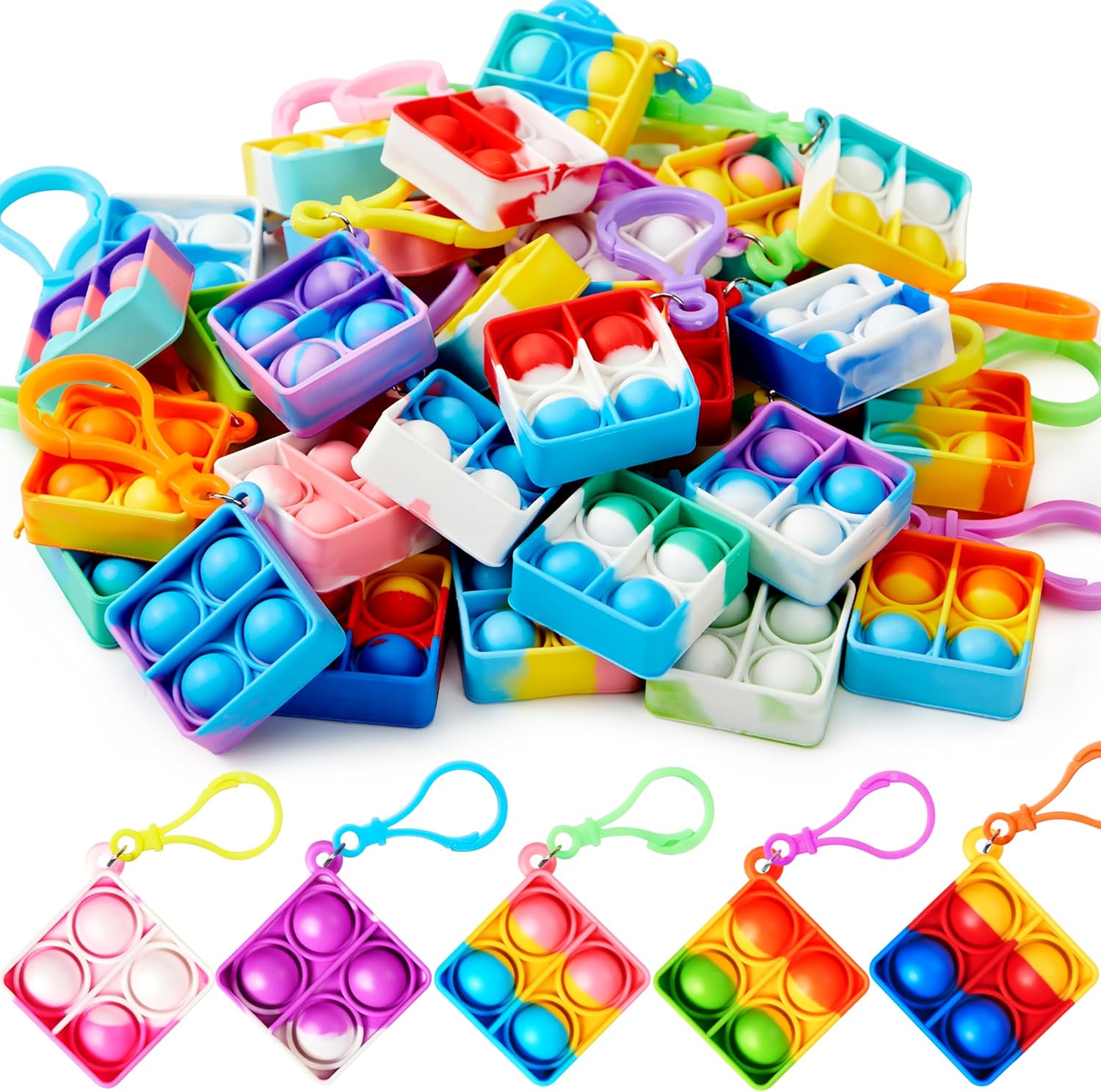 Detalle de JOYIN Pop-it Schlüsselanhänger Quadrat – 30 bunte Mini-Fidget, Stressabbau für Kinder 4–8
