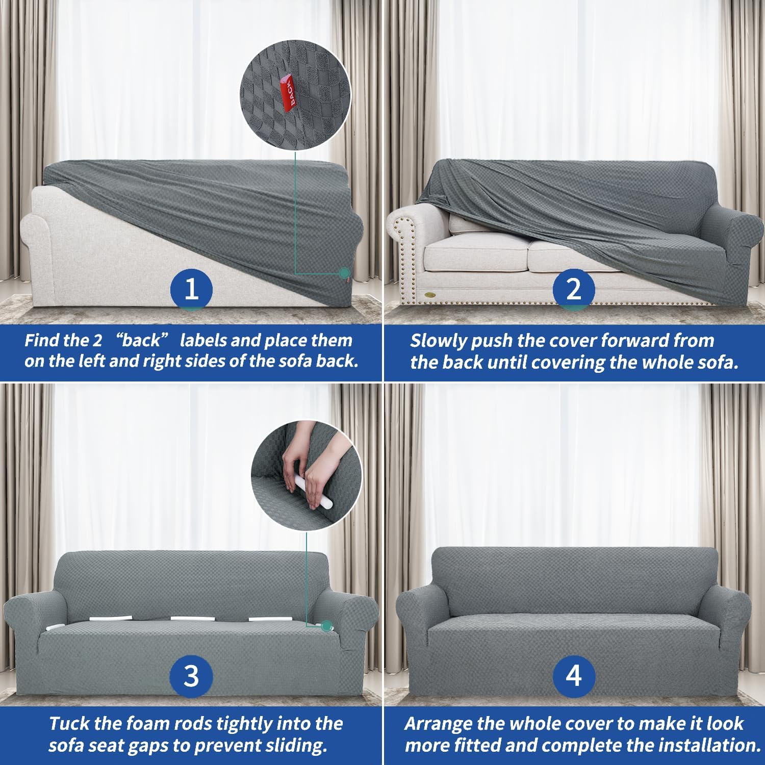 Thumbnail 6 de YEMYHOM Large Jacquard Sofa Cover, High-Stretch Light Gray 3-Cushion Slipcover