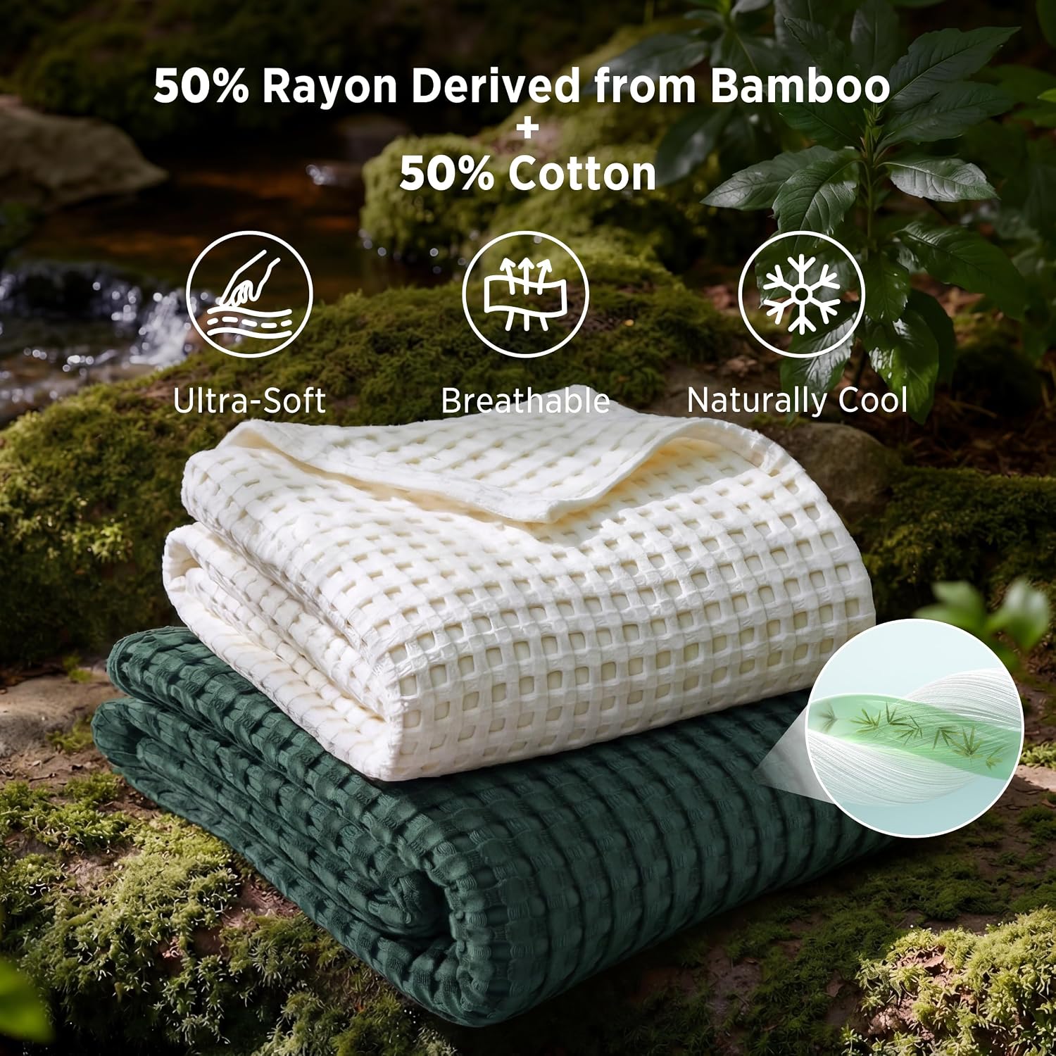 Detalle 2 de Bedsure Cooling Waffle Blanket, Queen 90" x 90", Cotton-Rayon Blend, Dark Green
