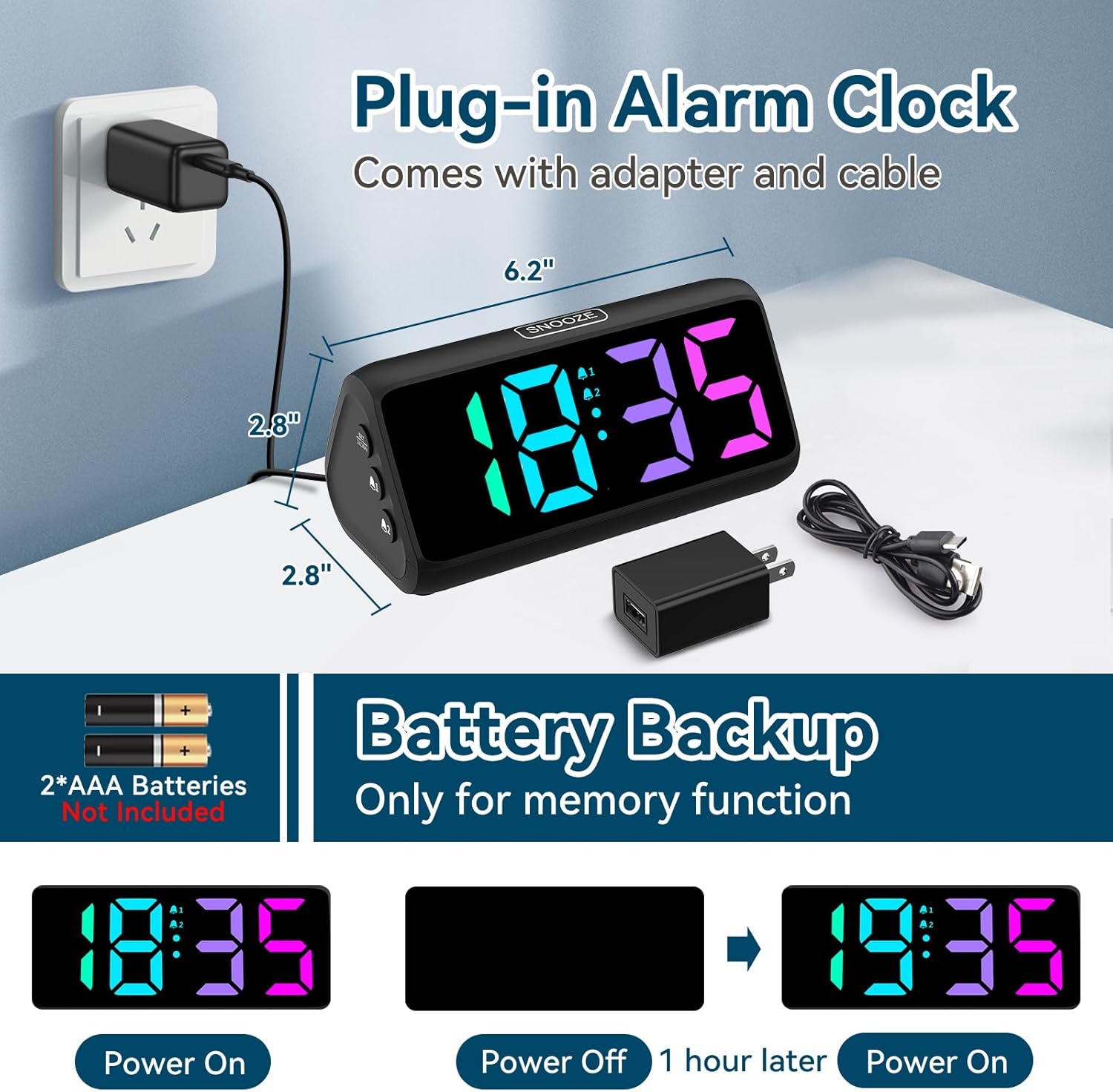 Detalle de Netzu 6208D Digital Alarm Clock with RGB Display, Dual Alarms and 5 Brightness Levels