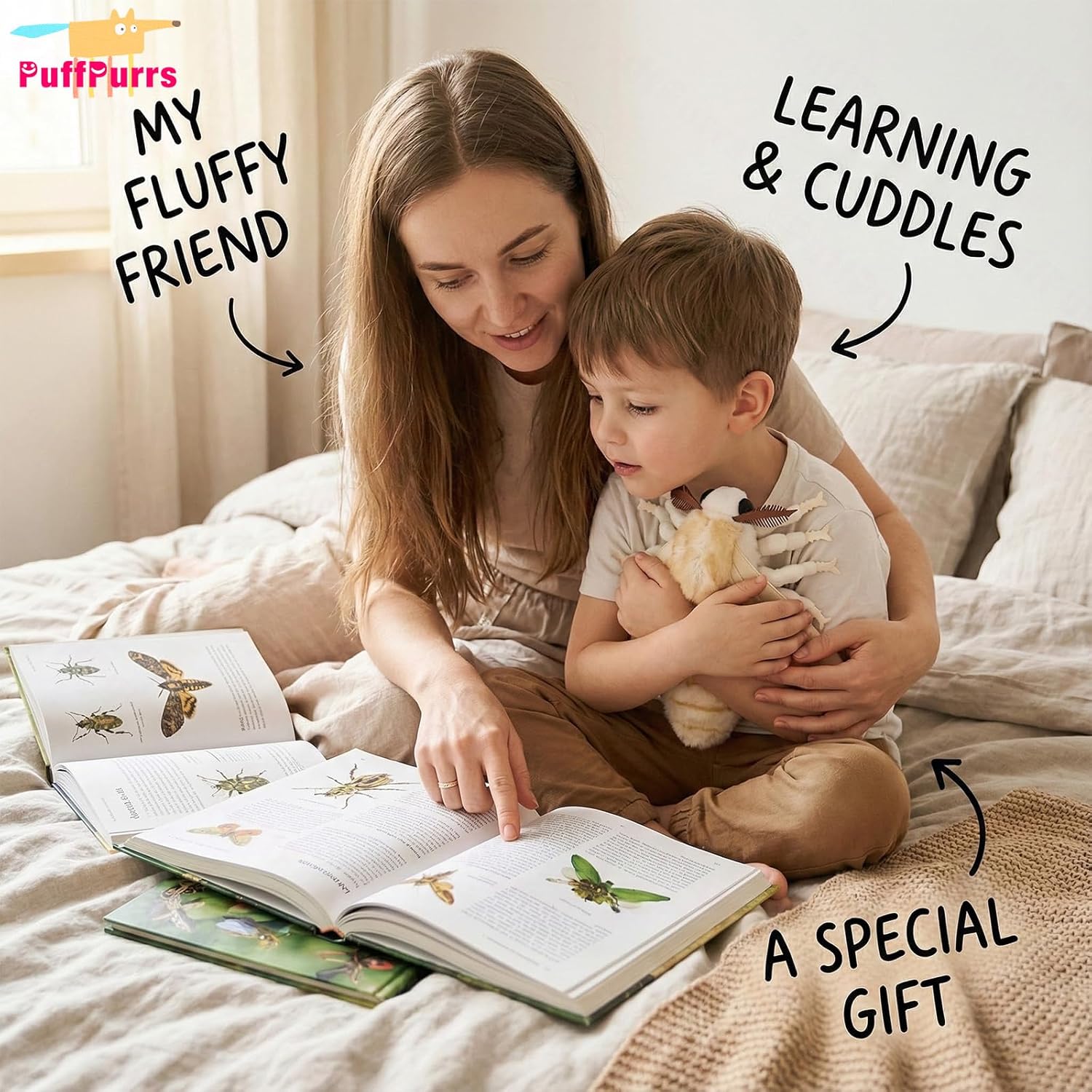 Detalle de PuffPurrs Silk Moth Plush (13in Rounded Body) – realistic soft insect toy for nature learning