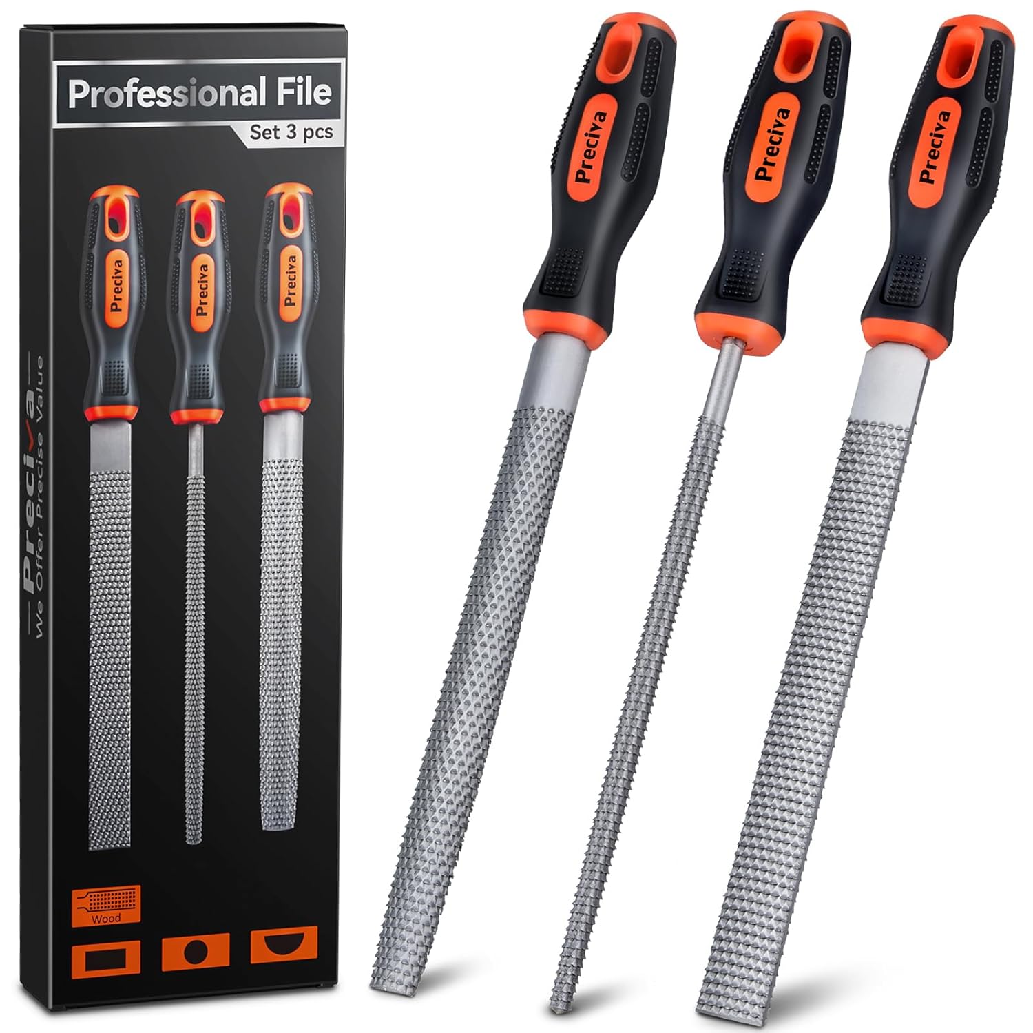 Detalle de Kit de 3 limes à bois Preciva (plate, demi-ronde, ronde) en acier carbone 45#