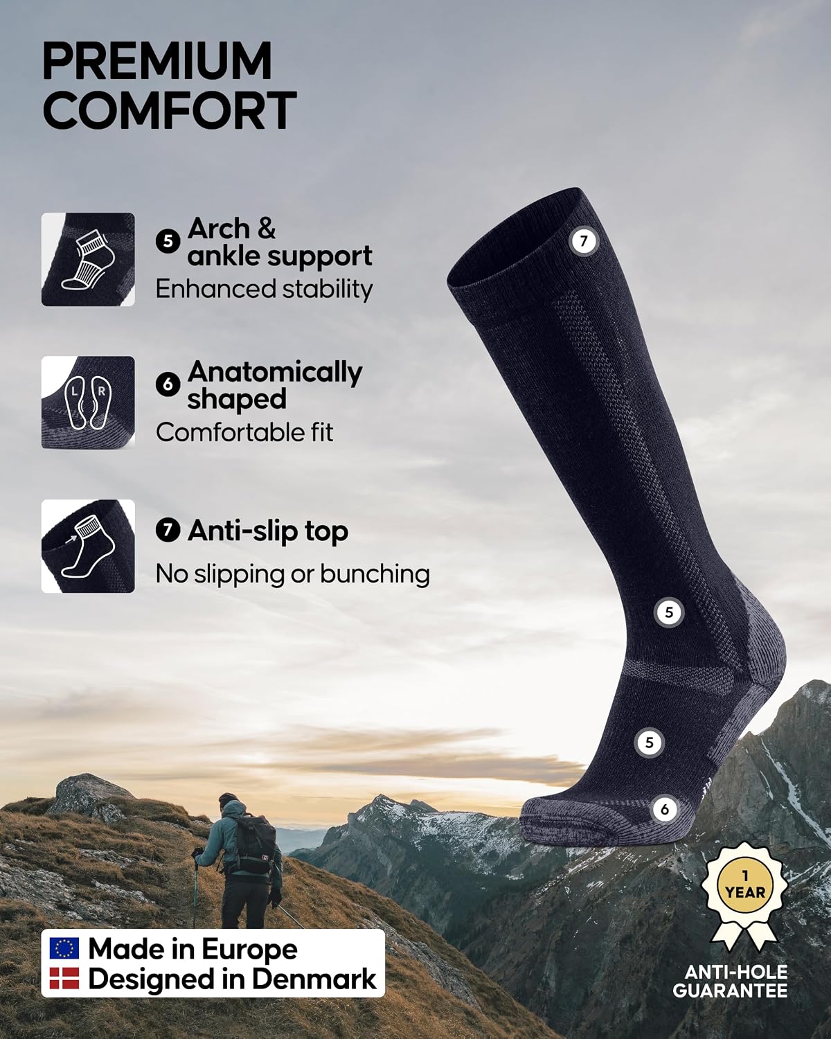 Detalle de DANISH ENDURANCE Knee-High Hiking Socks, Merino Wool