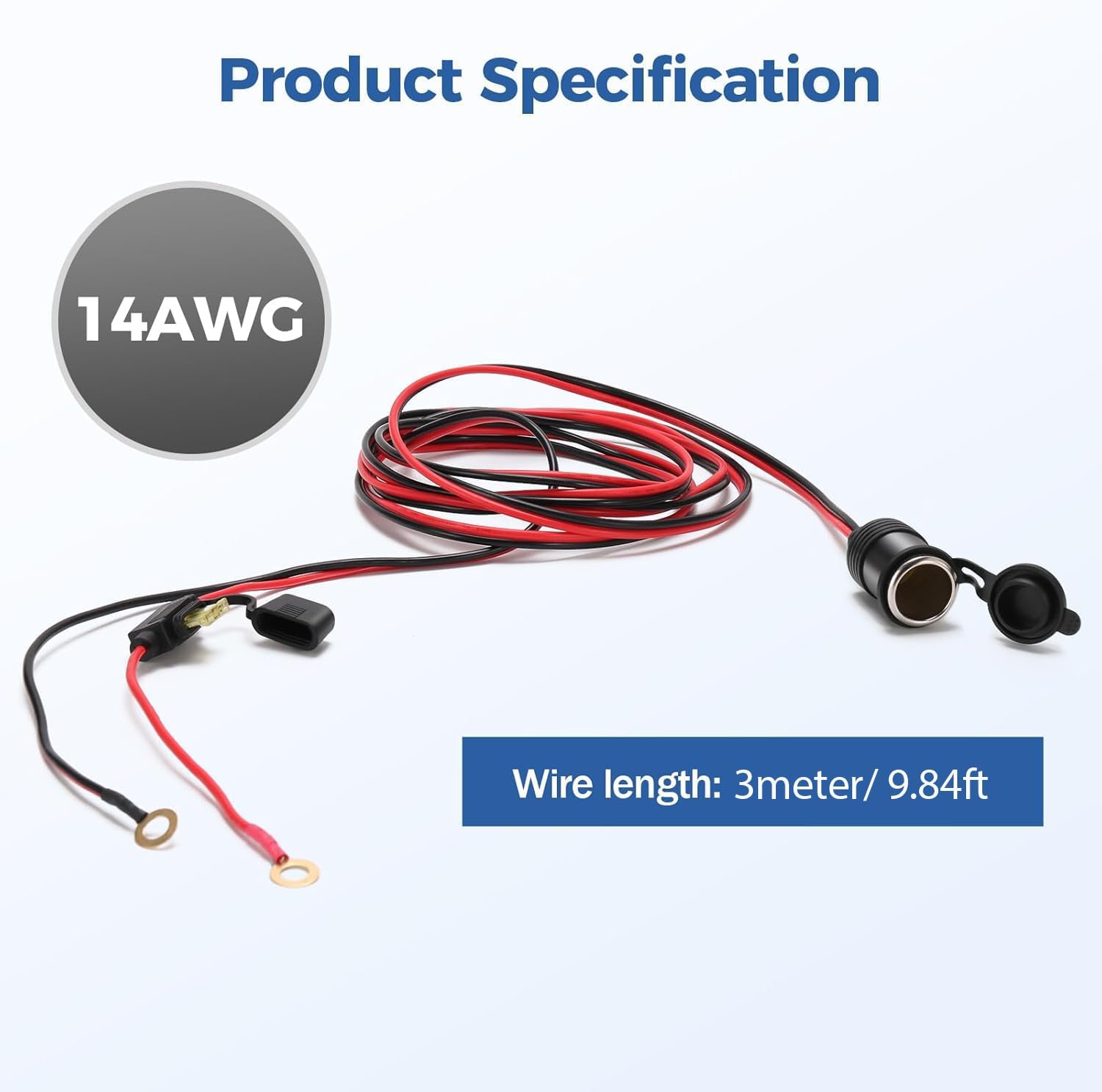 Detalle de Thlevel 3 Meter Zigarettenanzünder Verlängerungskabel 12V–24V, 14AWG (2,08 mm²) mit 20A Sicherung – wasserdicht, robust und vielseitig