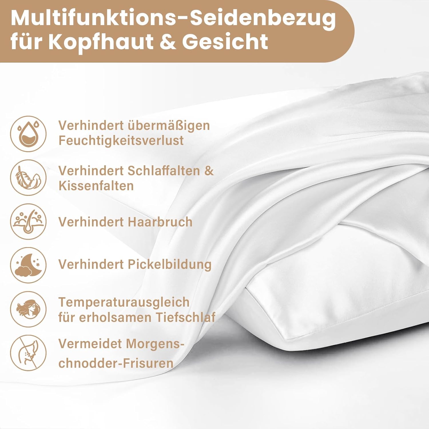 Thumbnail 1 de Muama Seidenkissenbezug 40x60 cm – Kissenhülle aus Seide mit verstecktem Reißverschluss (1 Stück), weiß