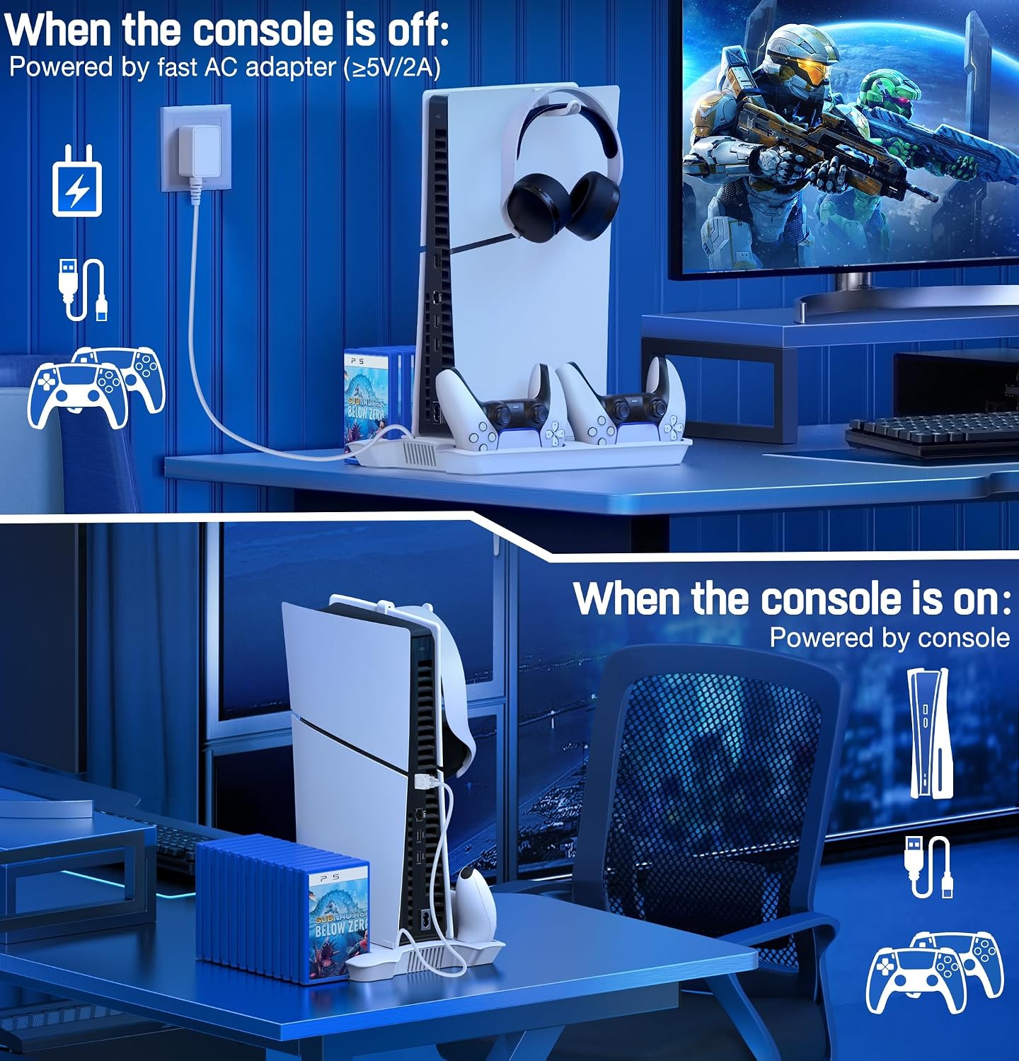 Detalle 2 de HEYLICOOL PS5/PS5 Pro/PS5 Slim Stand Accessories with 3-Level Cooling Fan, Dual Controller Charging & USB Hubs (13 game storage)