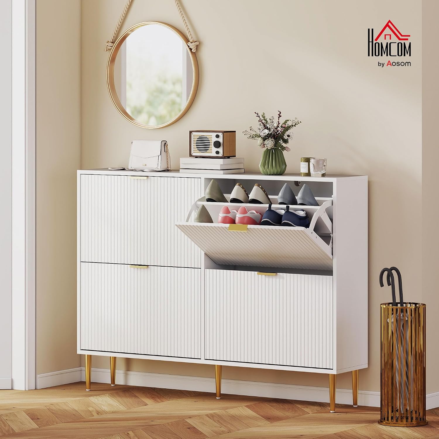 Detalle 2 de HOMCOM 837-601V02WT Slim Shoe Cabinet, 4 Flip Drawers, White