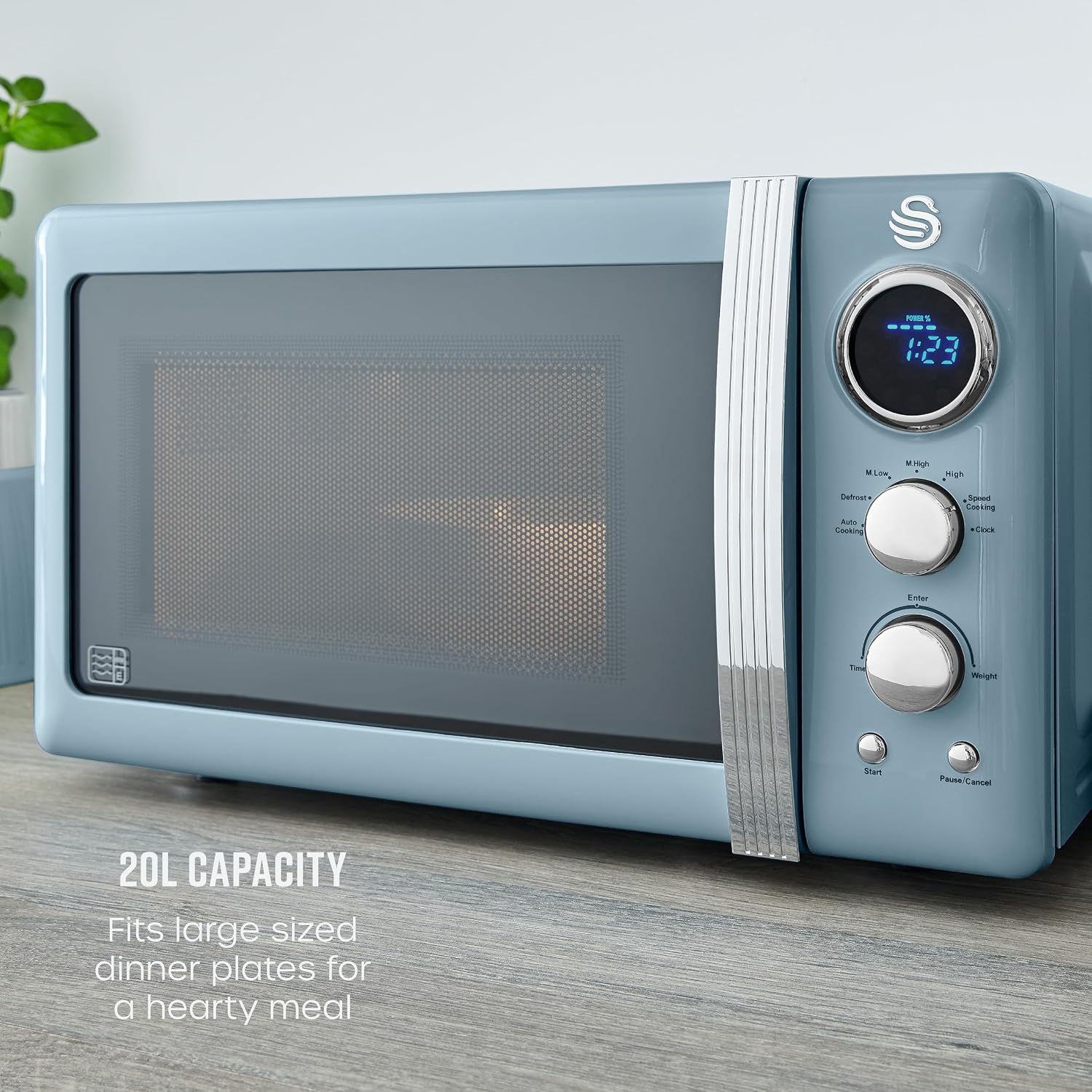 Detalle de Swan Retro LED Digital Microwave Blue 20L, 800W SM22030LBLN