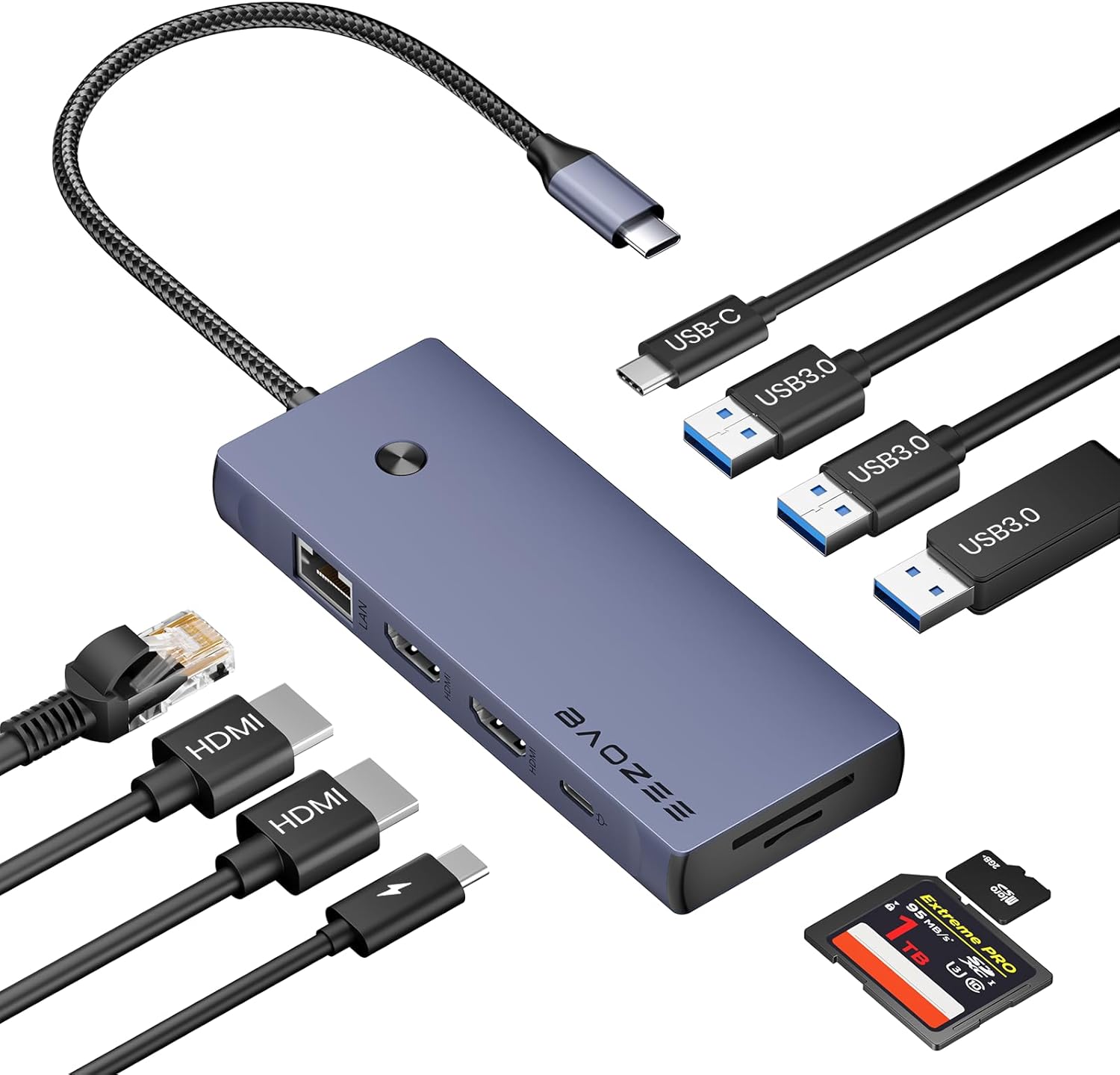 Detalle de BAOZEE Laptop Docking Station Dual Monitor: 10-in-1 USB-C Hub with 2x 4K HDMI, 100W PD and Gigabit Ethernet