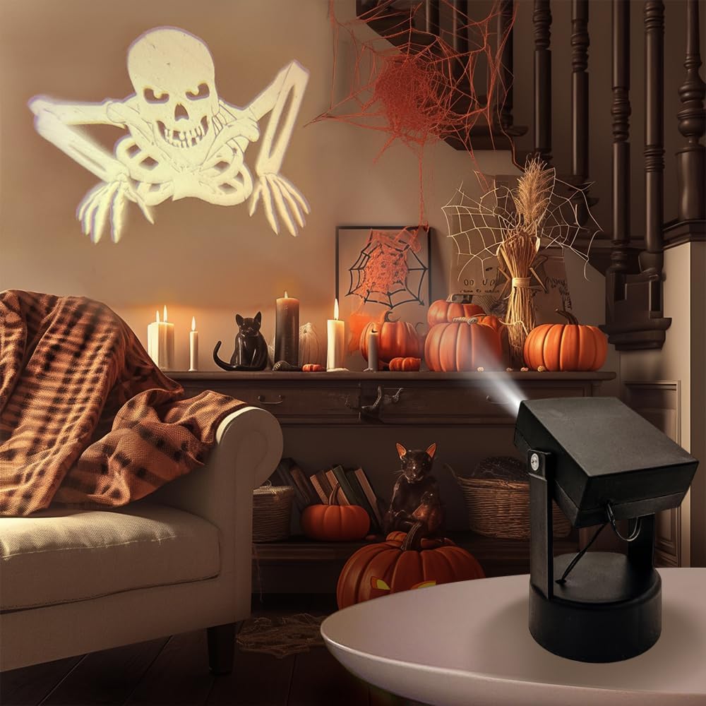 Thumbnail 3 de Bseical Halloweenprojektor med dynamisk 3D-dödskalleprojektion, LED och batteridrift
